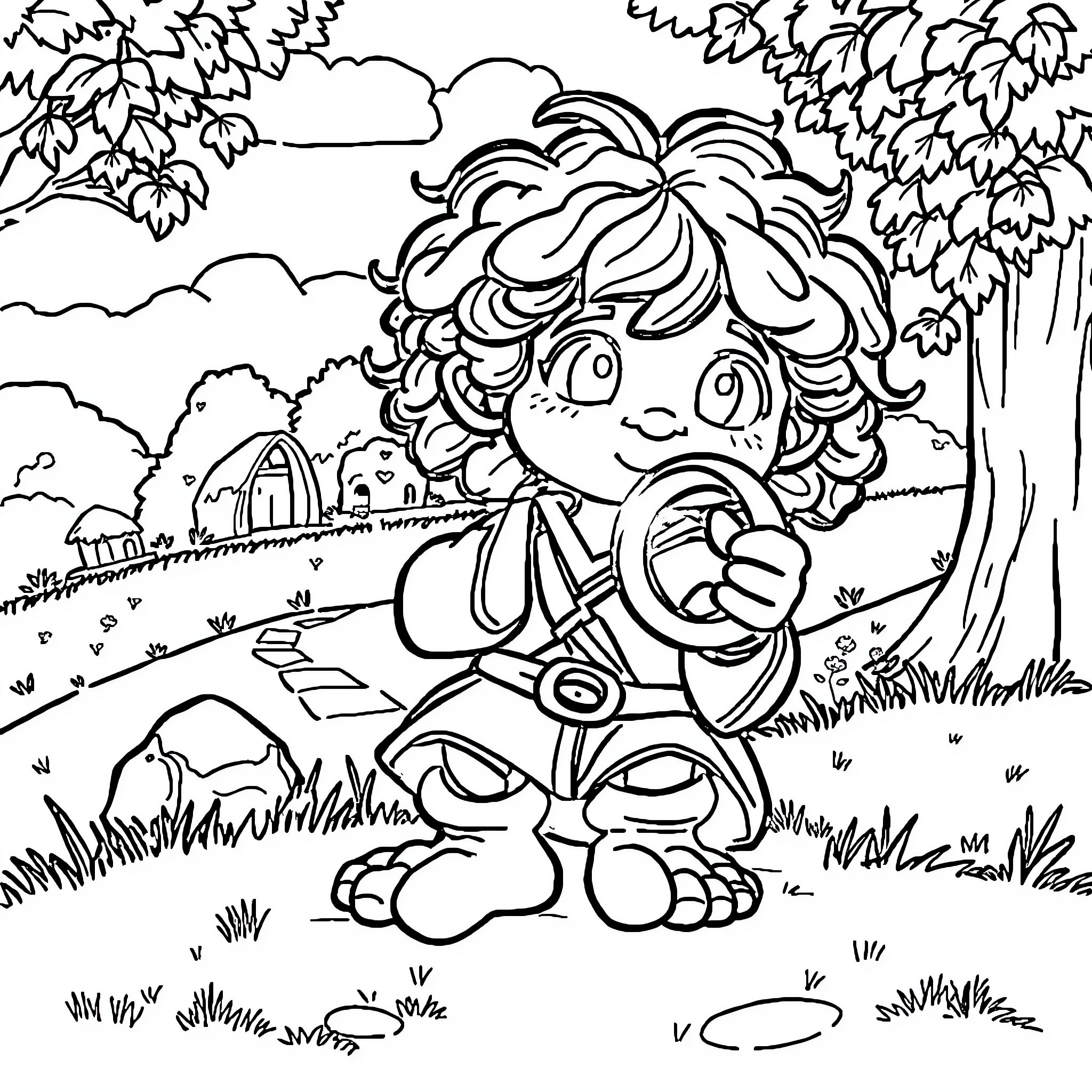 Frodo exploring the enchanted forest Coloring Page (free black-and-white line drawing printable PDF for all, from beginners to advanced learners, including children, teens, adults, and seniors)