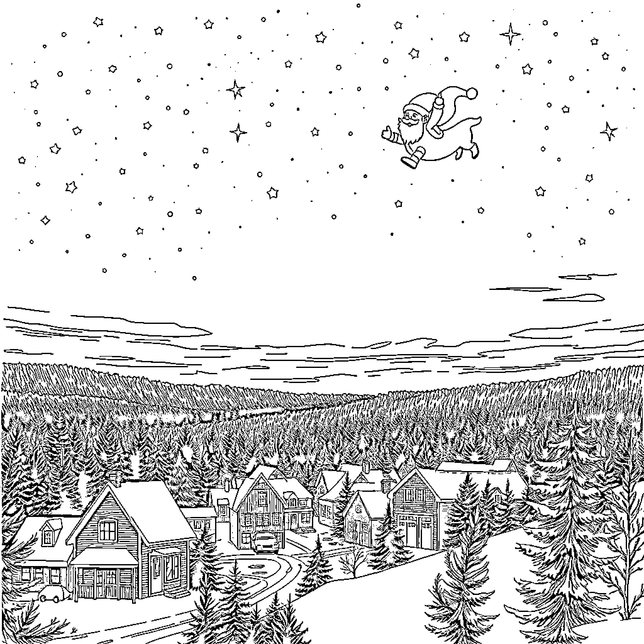 Santa flying over a snowy village on a starry night Coloring Page (free black-and-white line drawing printable PDF for all, from beginners to advanced learners, including children, teens, adults, and seniors)