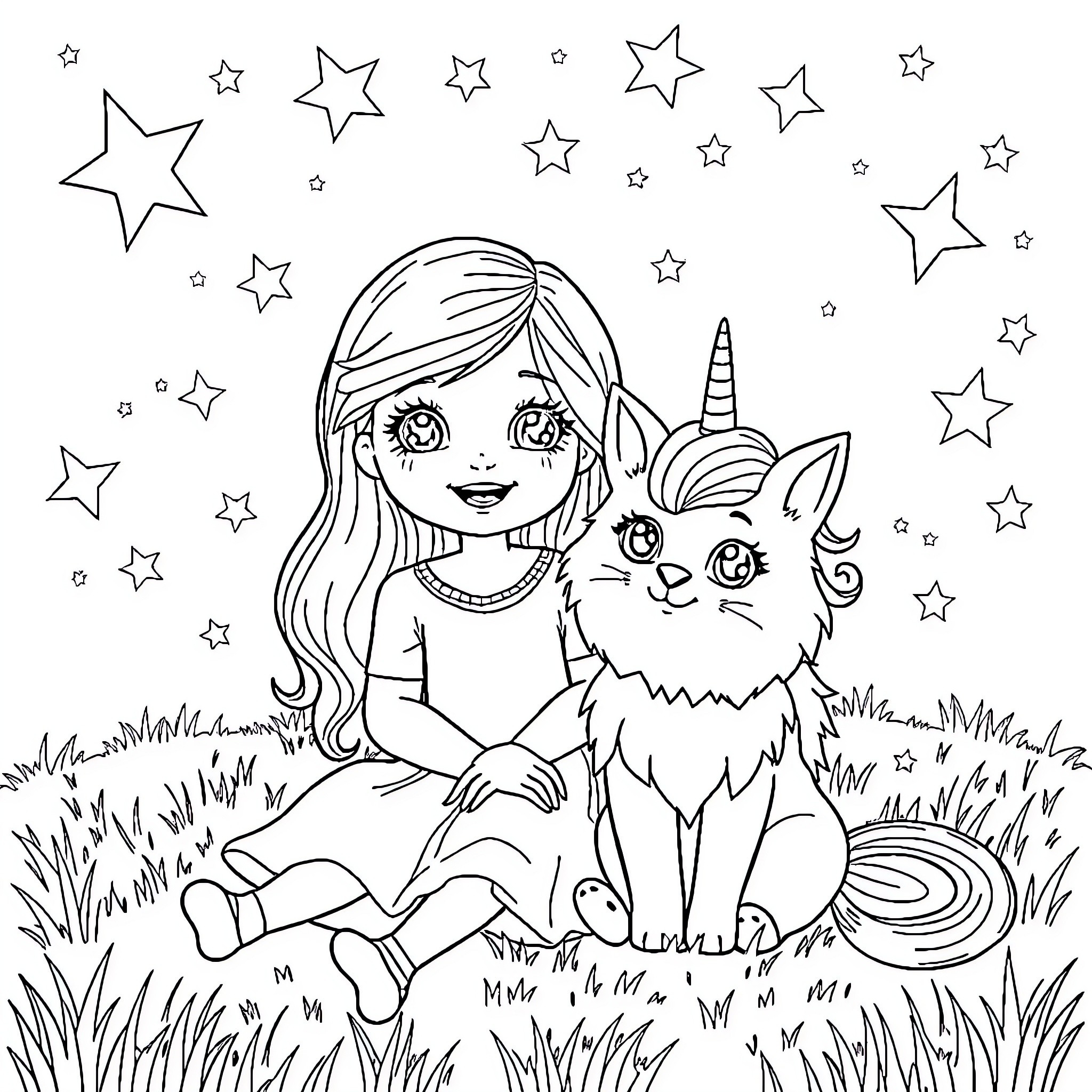 Gabby's Magical Encounter with a Unicorn Friend Coloring Page (free black-and-white line drawing printable PDF for all, from beginners to advanced learners, including children, teens, adults, and seniors)