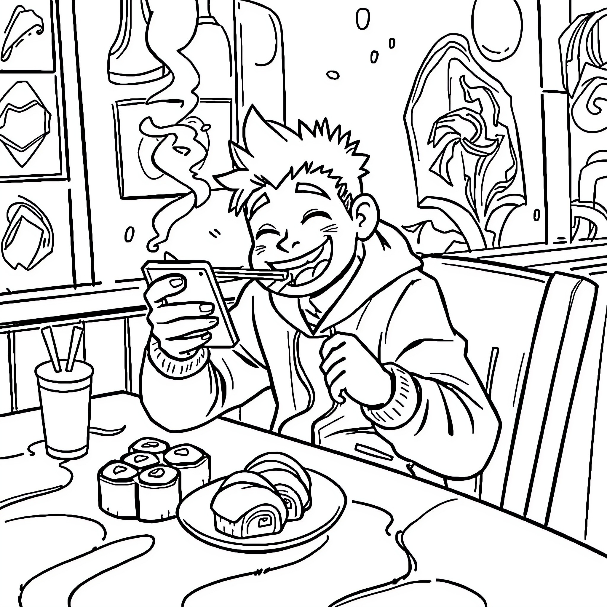 Kenji Enjoying Lunch and Phone in Cafe Coloring Page (free black-and-white line drawing printable PDF for all, from beginners to advanced learners, including children, teens, adults, and seniors)