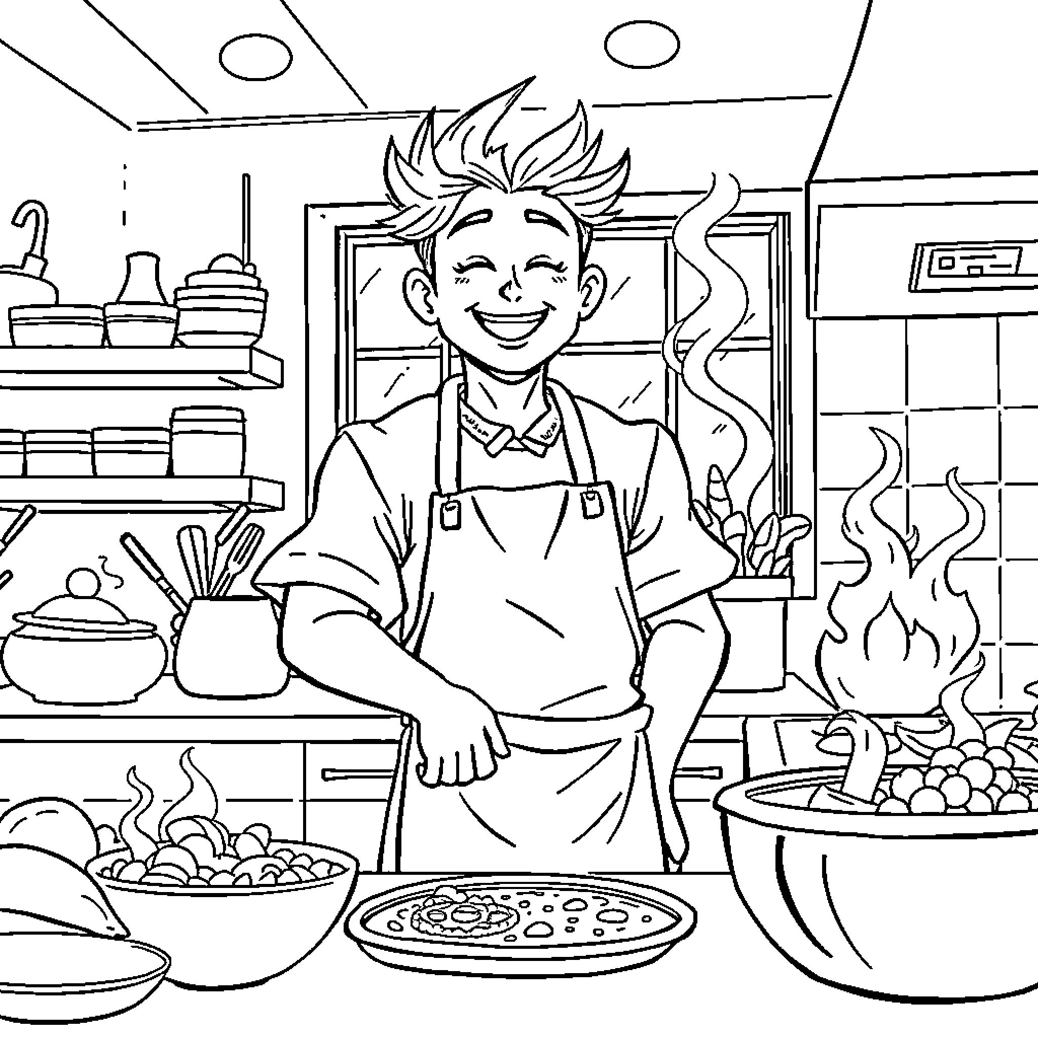 Gojo's Joyful Culinary Adventures Coloring Page (free black-and-white line drawing printable PDF for all, from beginners to advanced learners, including children, teens, adults, and seniors)
