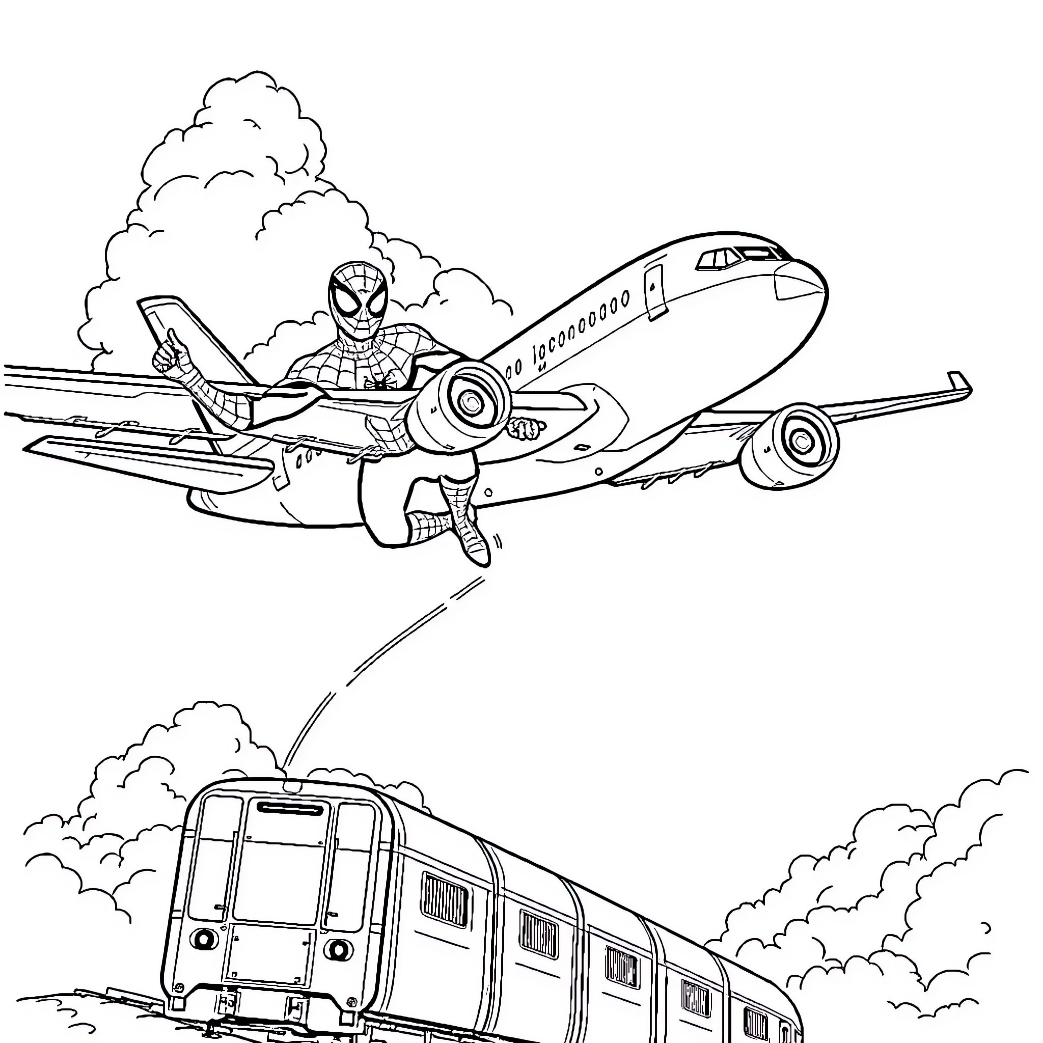 Spiderman flying with an airplane and a train Coloring Page (free black-and-white line drawing printable PDF for all, from beginners to advanced learners, including children, teens, adults, and seniors)