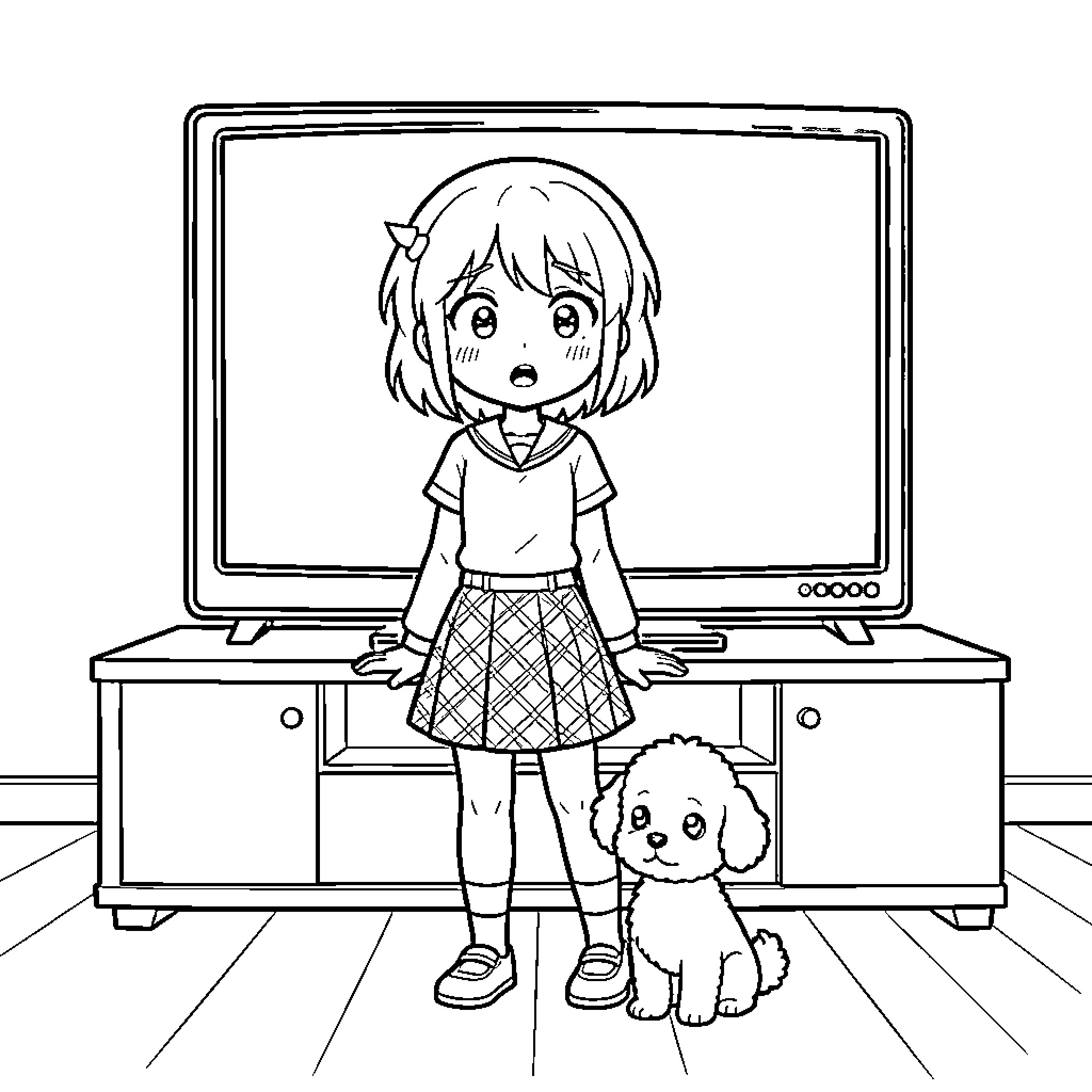Anya Forger standing surprised beside a television and puppy Coloring Page (free black-and-white line drawing printable PDF for all, from beginners to advanced learners, including children, teens, adults, and seniors)