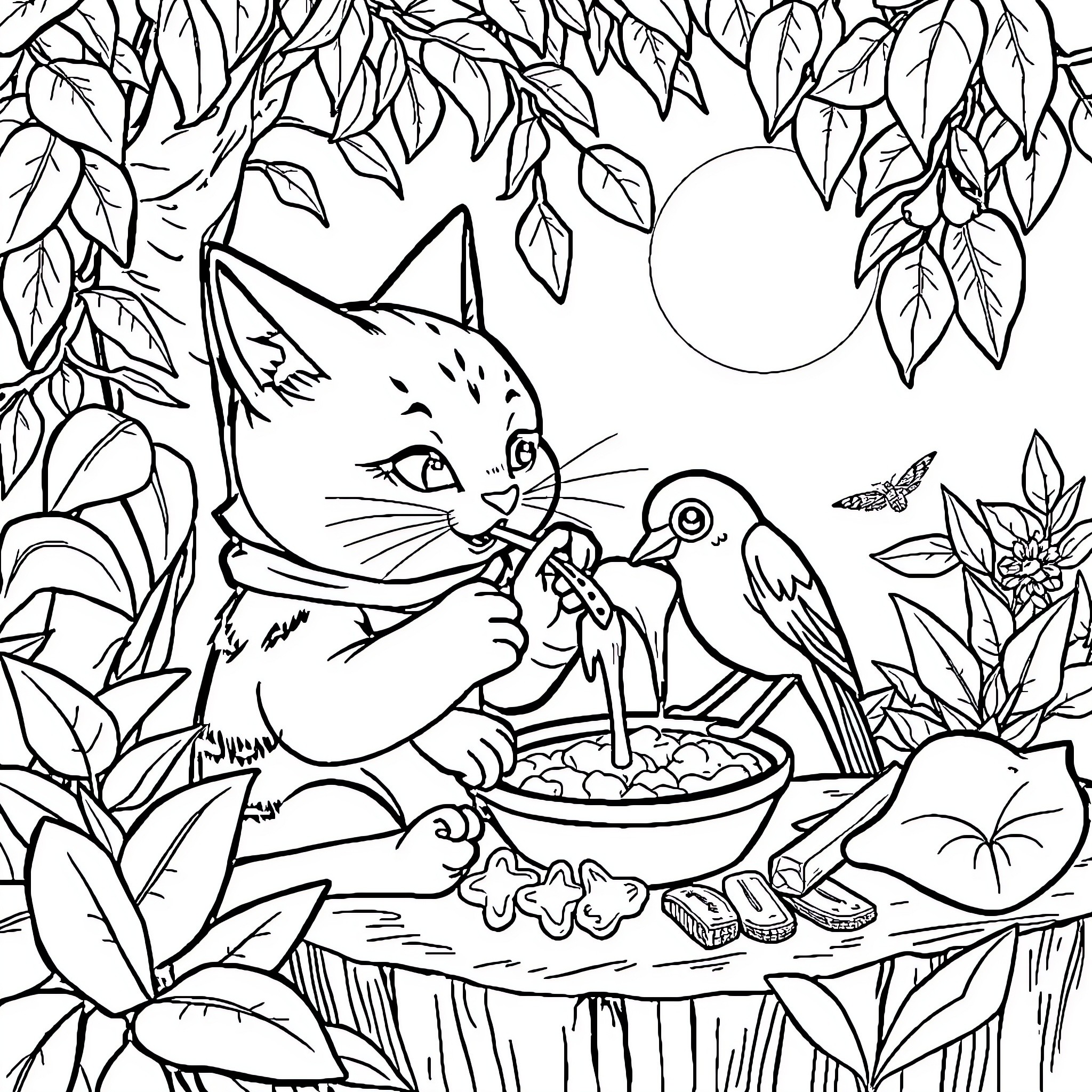 Cat enjoying a meal with bird friend in lush nature Coloring Page (free black-and-white line drawing printable PDF for all, from beginners to advanced learners, including children, teens, adults, and seniors)