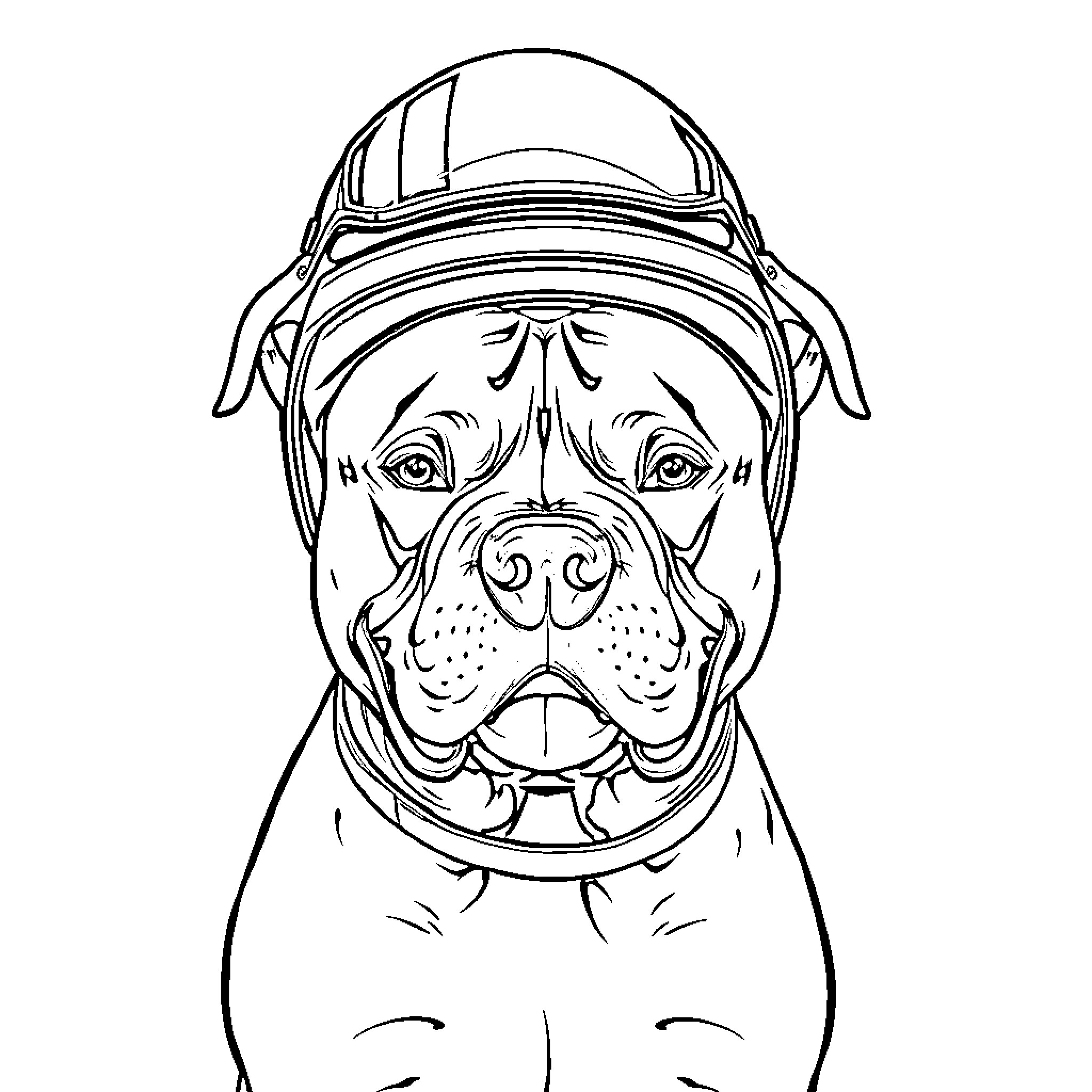 Pitbull wearing a sports helmet Coloring Page (free black-and-white line drawing printable PDF for all, from beginners to advanced learners, including children, teens, adults, and seniors)