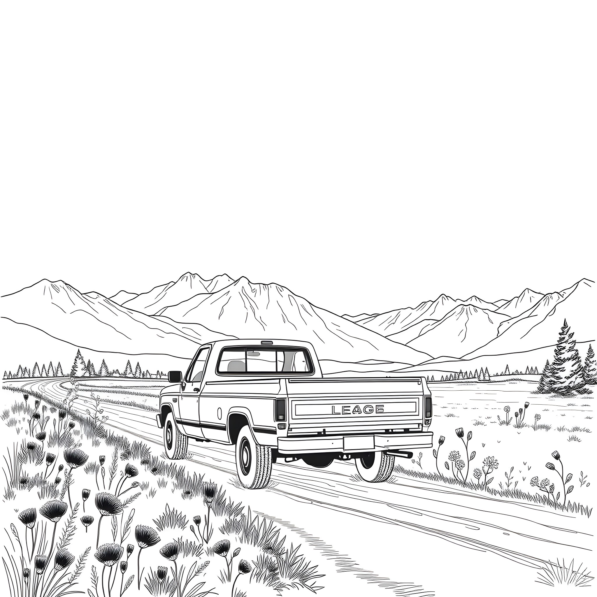Flatbed truck driving through the mountain landscape Coloring Page (free black-and-white line drawing printable PDF for all, from beginners to advanced learners, including children, teens, adults, and seniors)