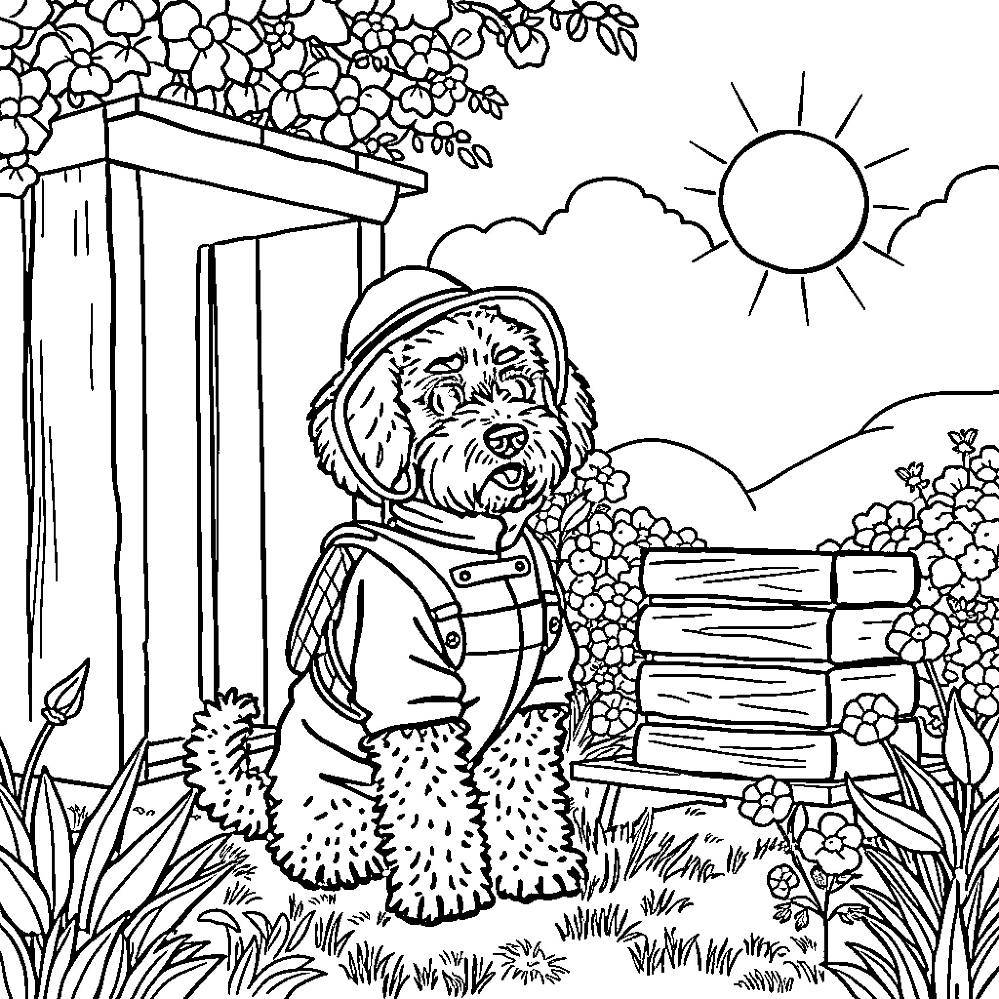 Lagotto dog in spring garden scene Coloring Page (free black-and-white line drawing printable PDF for all, from beginners to advanced learners, including children, teens, adults, and seniors)