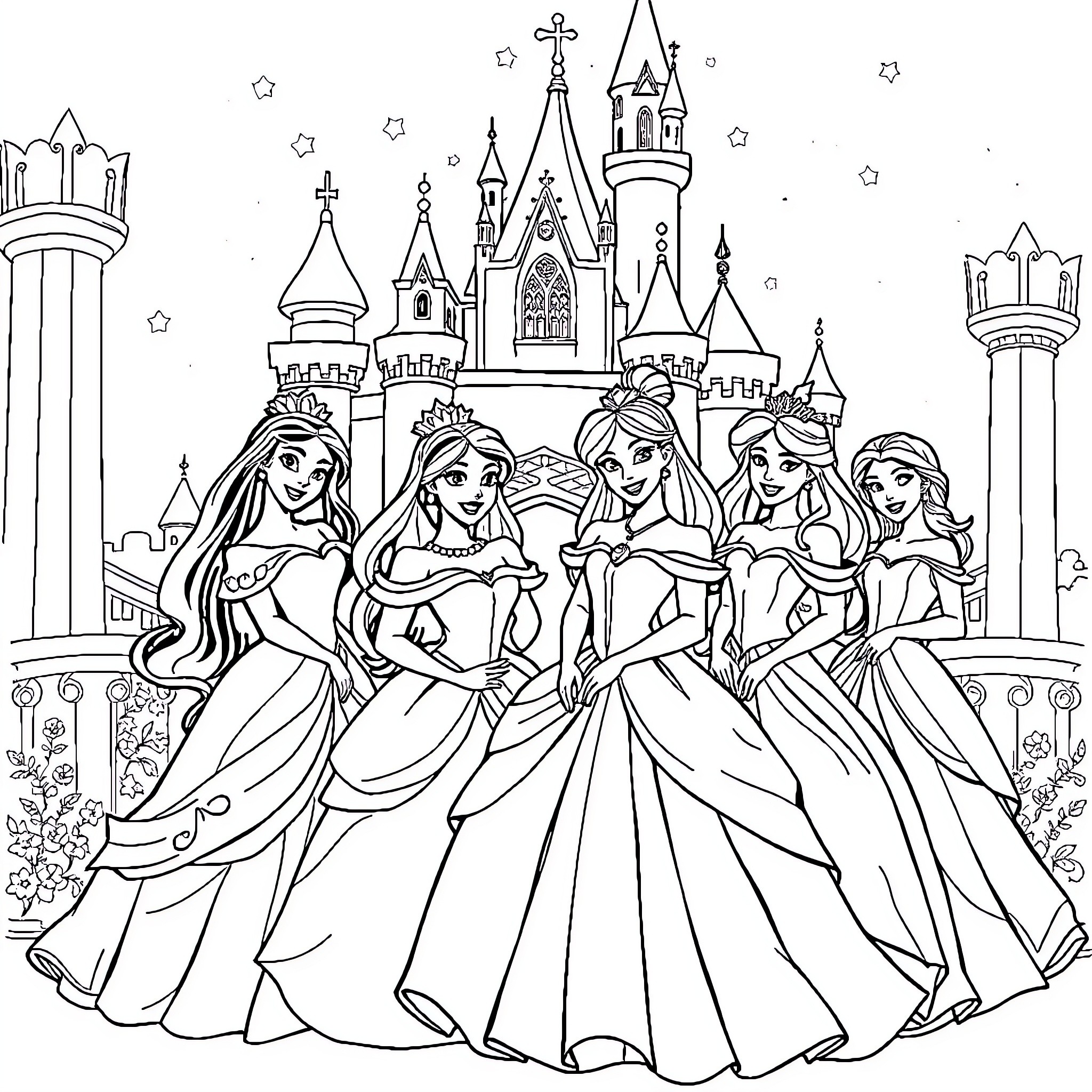 Disney Princesses Gather at Enchanted Castle Coloring Page (free black-and-white line drawing printable PDF for all, from beginners to advanced learners, including children, teens, adults, and seniors)