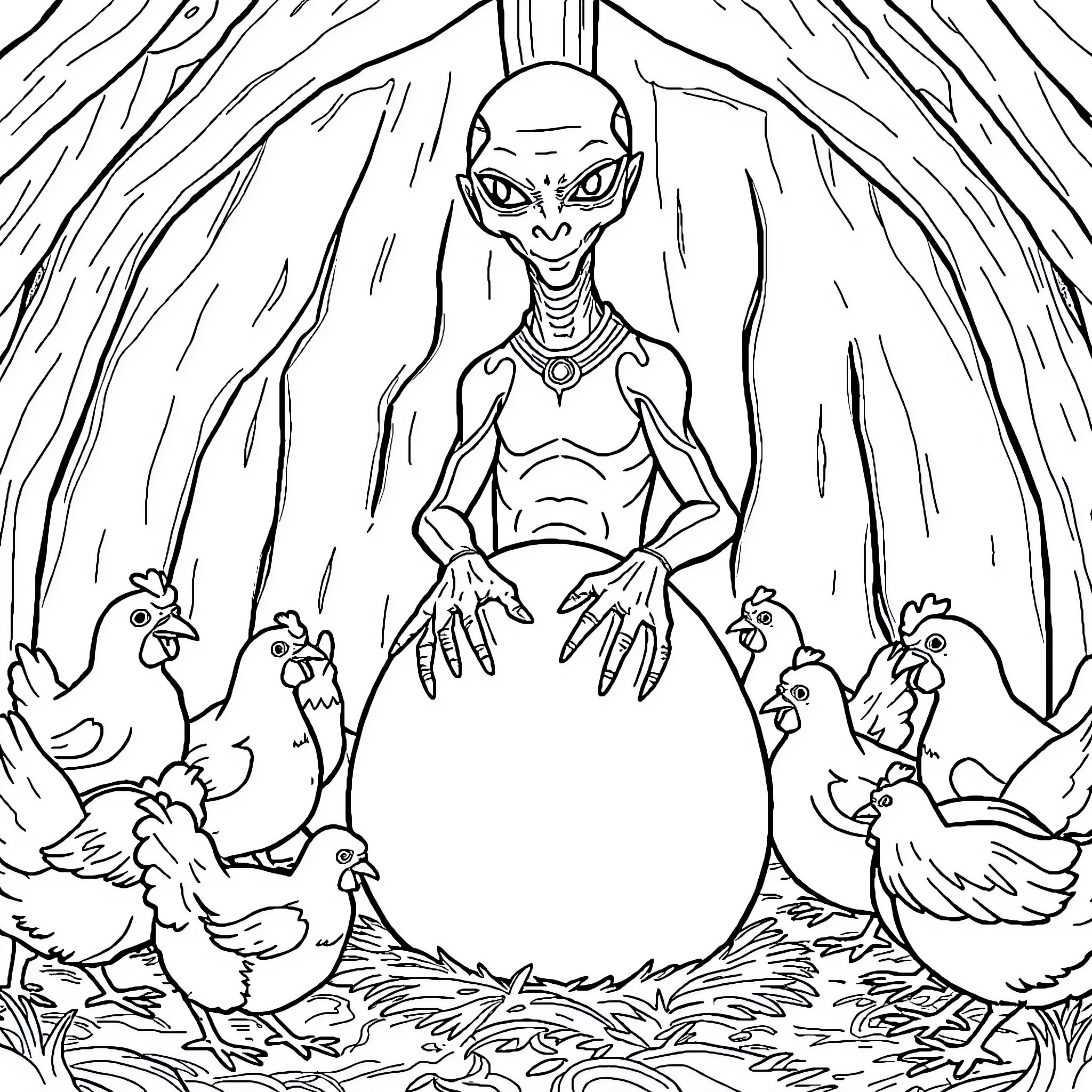 Bortus hatching from an egg surrounded by chickens Coloring Page (free black-and-white line drawing printable PDF for all, from beginners to advanced learners, including children, teens, adults, and seniors)