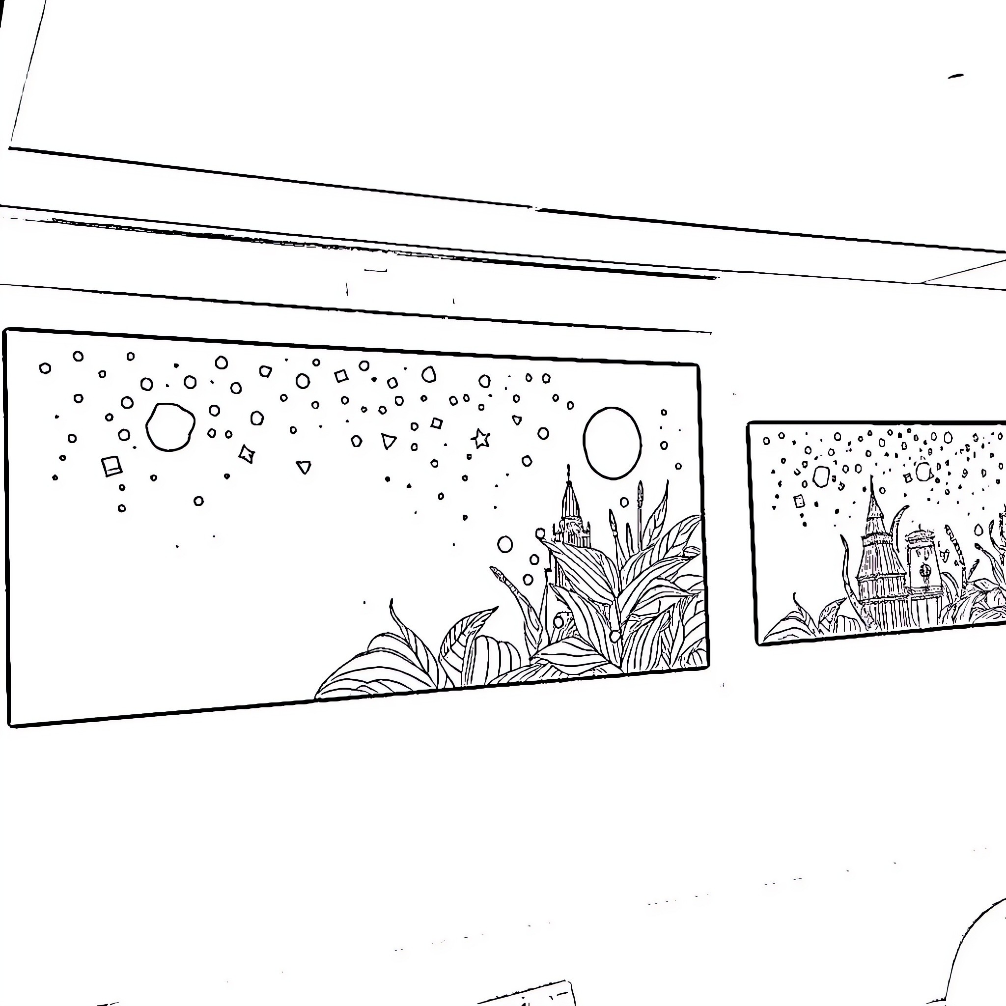 Sketch of Fantastical Landscape with Castle Coloring Page (free black-and-white line drawing printable PDF for all, from beginners to advanced learners, including children, teens, adults, and seniors)