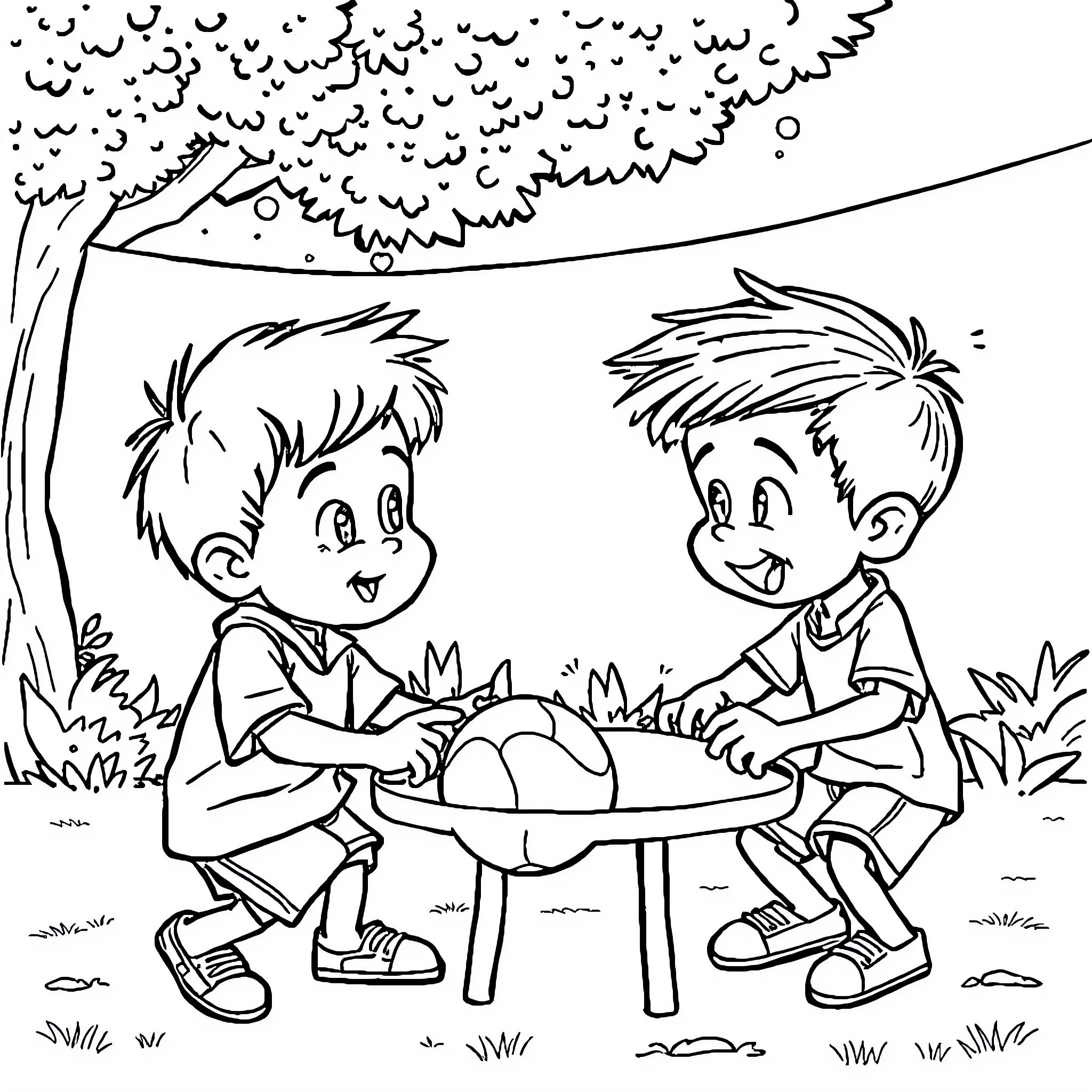Niños jugando y disfrutando al aire libre Coloring Page (free black-and-white line drawing printable PDF for all, from beginners to advanced learners, including children, teens, adults, and seniors)
