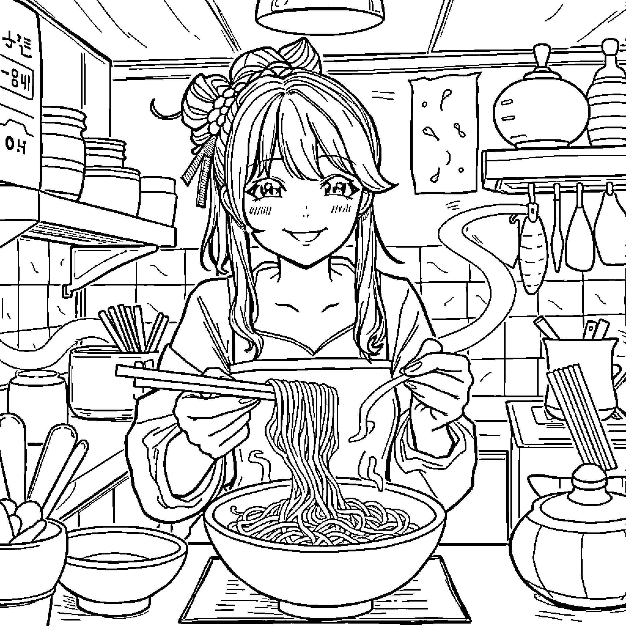 Rumi cooking a delicious meal in a cozy kitchen Coloring Page (free black-and-white line drawing printable PDF for all, from beginners to advanced learners, including children, teens, adults, and seniors)