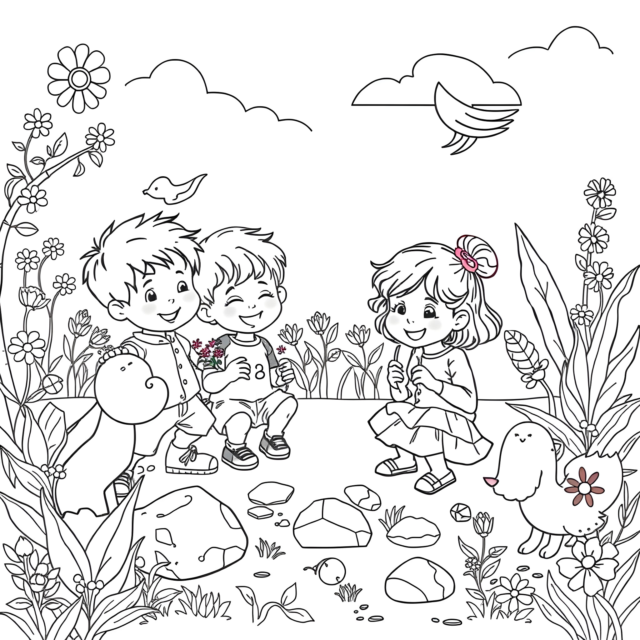 Math friends exploring the nature in the outdoors Coloring Page (free black-and-white line drawing printable PDF for all, from beginners to advanced learners, including children, teens, adults, and seniors)