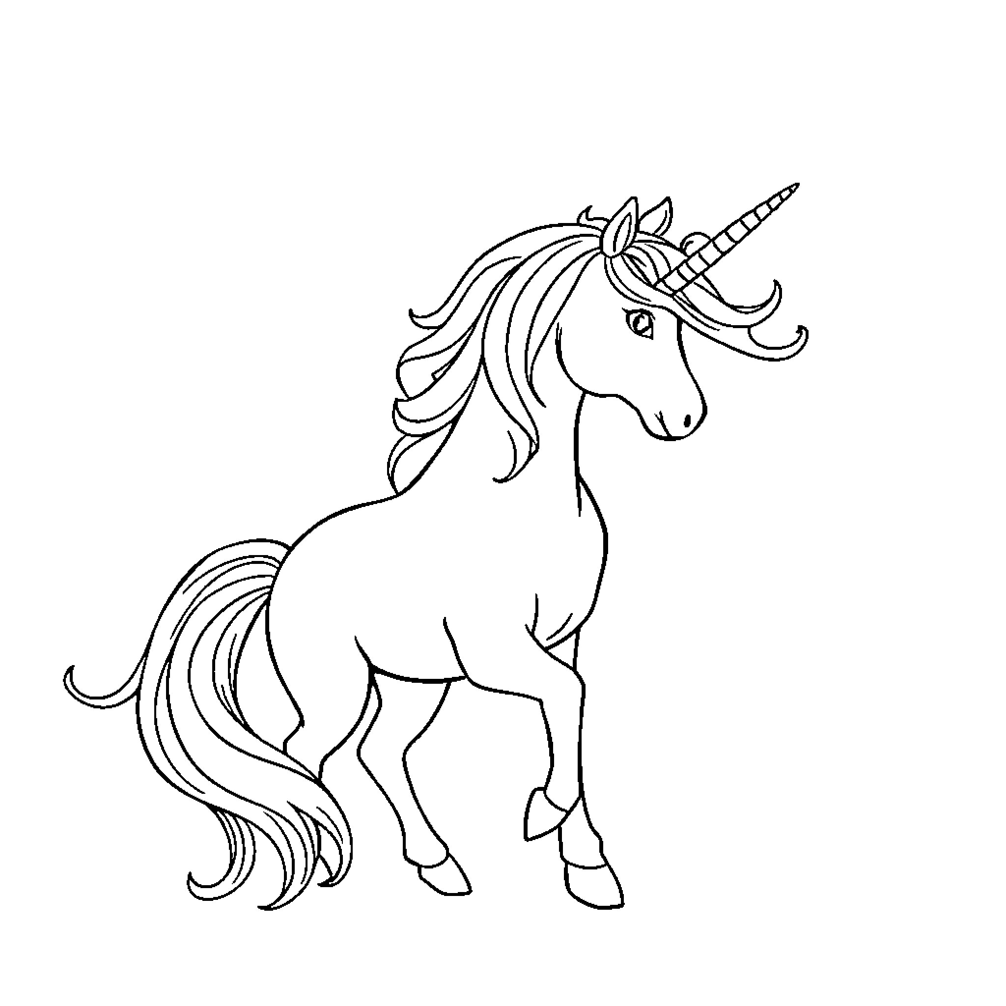 Unicorn standing with a magical horn Coloring Page (free black-and-white line drawing printable PDF for all, from beginners to advanced learners, including children, teens, adults, and seniors)