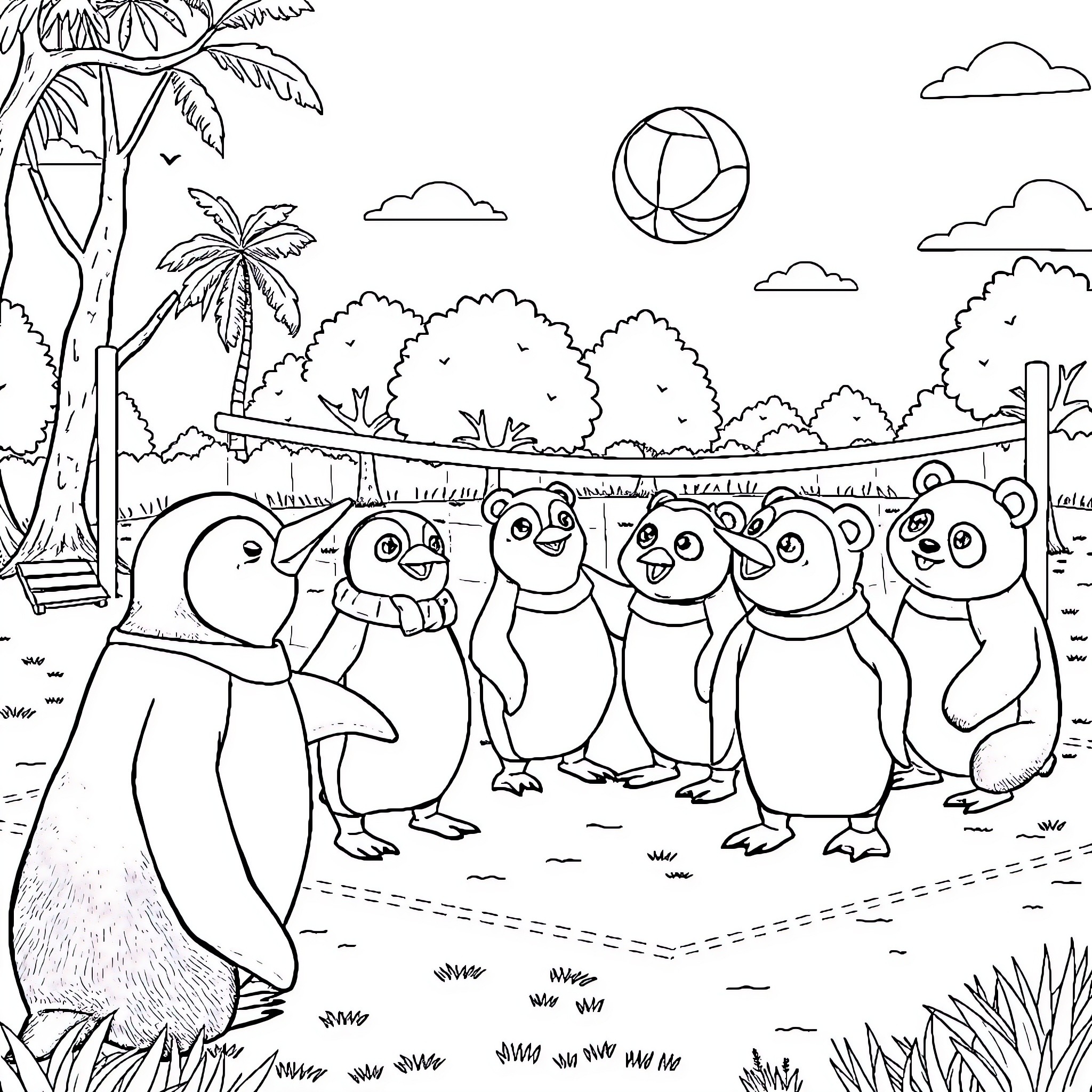 Penguin friends playing and exploring in a lush tropical landscape Coloring Page (free black-and-white line drawing printable PDF for all, from beginners to advanced learners, including children, teens, adults, and seniors)