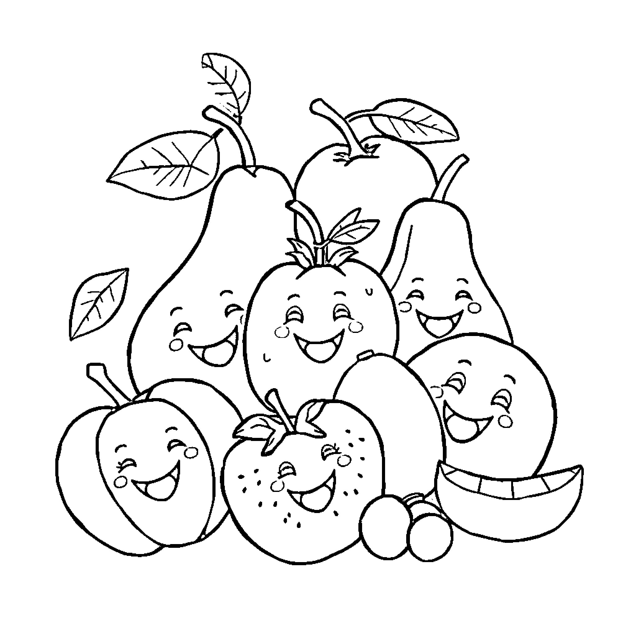 Fruit Friends Celebrating Happily Together Coloring Page (free black-and-white line drawing printable PDF for all, from beginners to advanced learners, including children, teens, adults, and seniors)