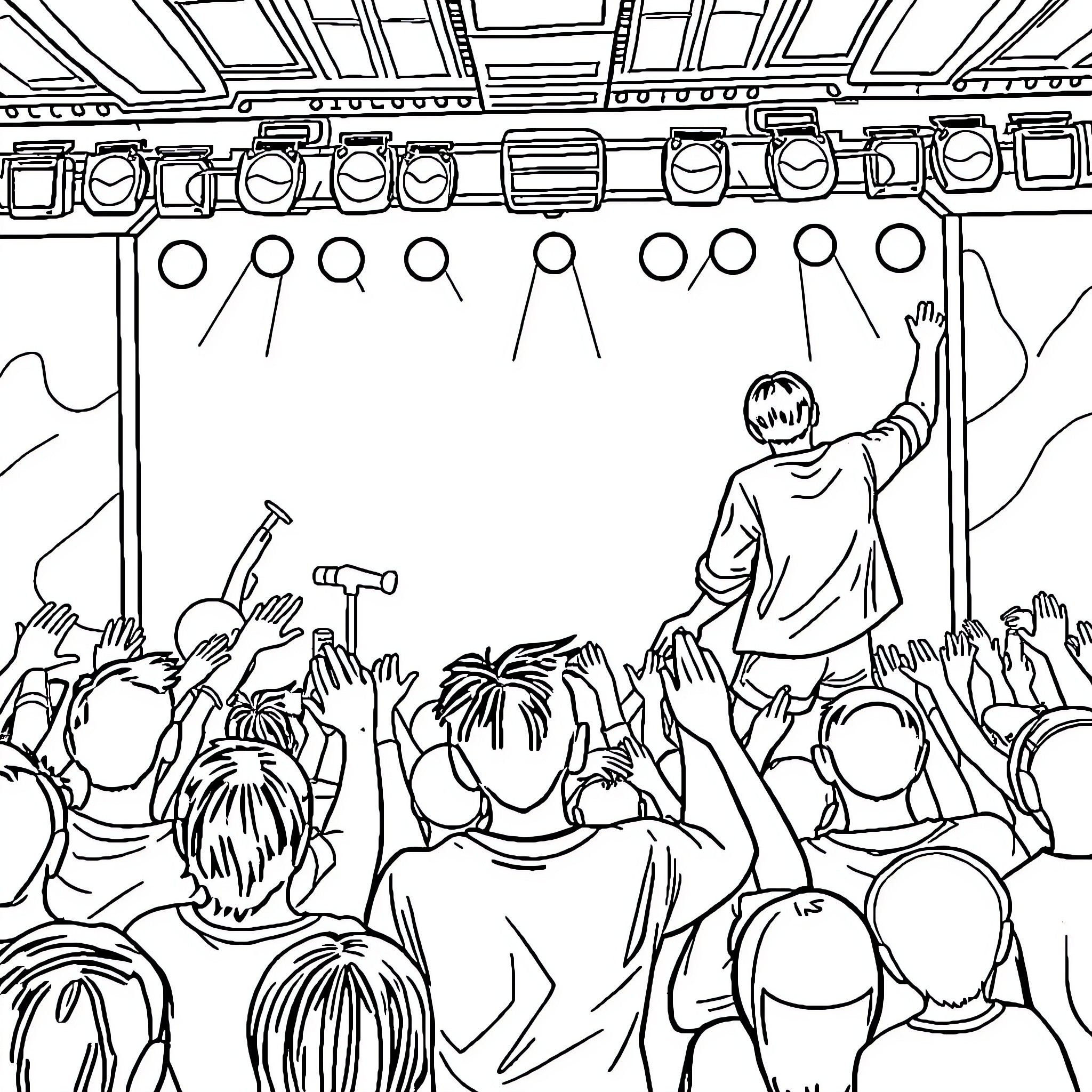 K Pop Performers Energizing Crowd on Stage Coloring Page (free black-and-white line drawing printable PDF for all, from beginners to advanced learners, including children, teens, adults, and seniors)