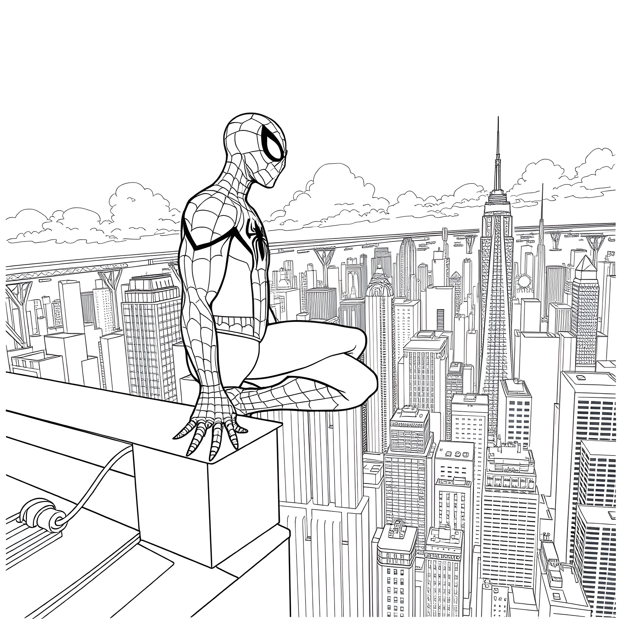 Spiderman overlooking the city skyline Coloring Page (free black-and-white line drawing printable PDF for all, from beginners to advanced learners, including children, teens, adults, and seniors)