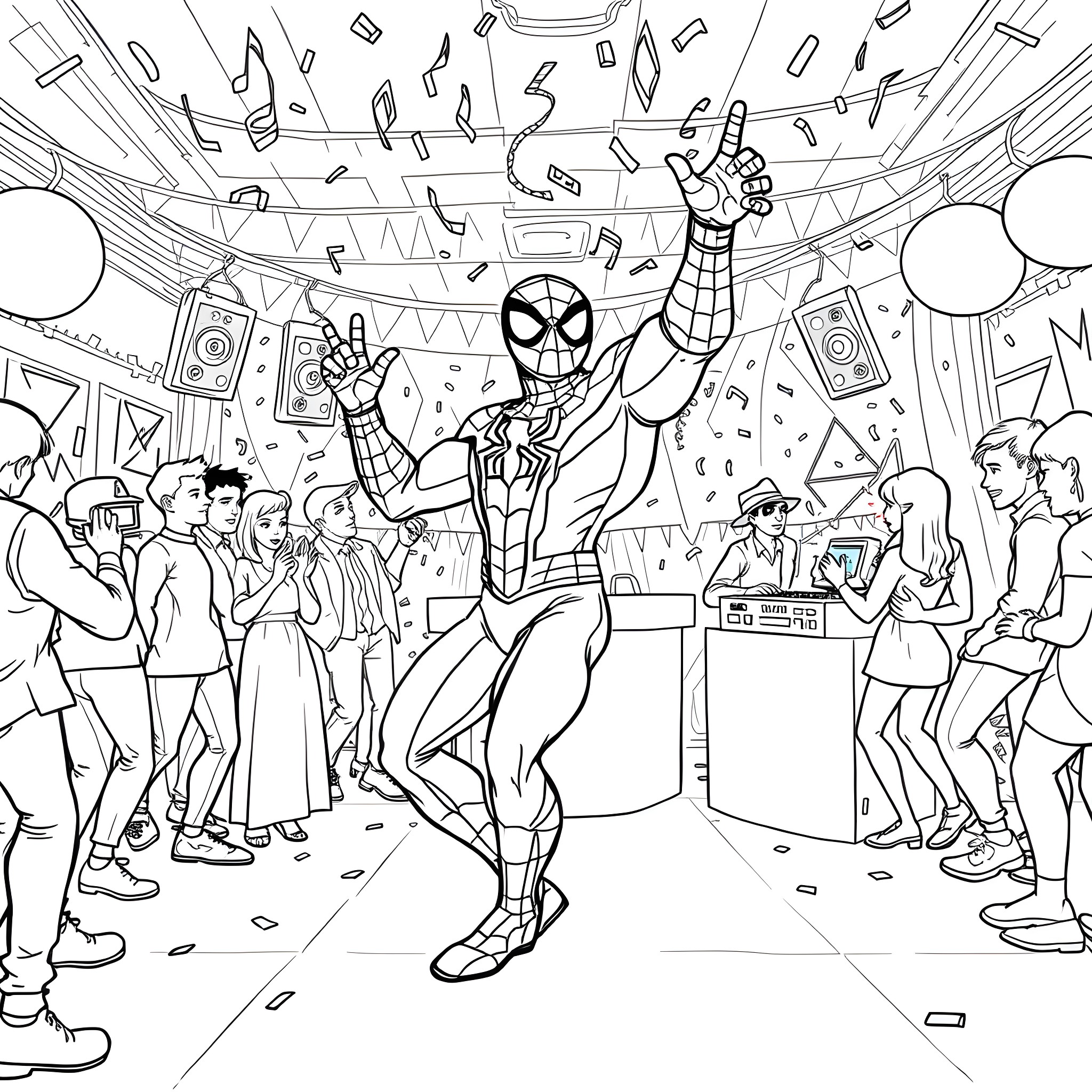 Spiderman Swinging through a Lively Party Coloring Page (free black-and-white line drawing printable PDF for all, from beginners to advanced learners, including children, teens, adults, and seniors)