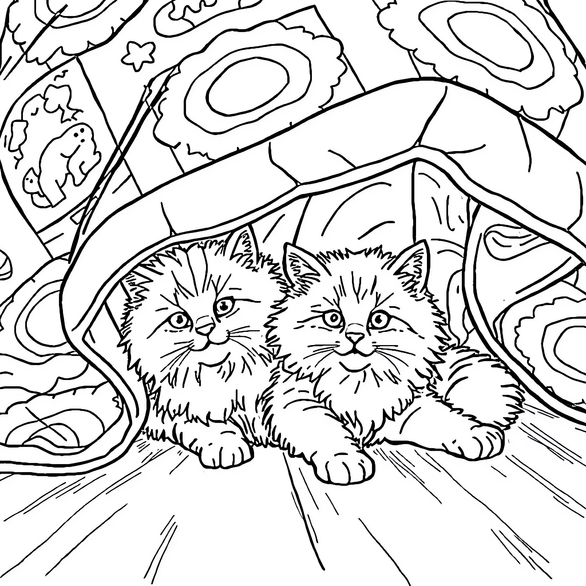 Cat Kittens Peeking Out from Floral Leaves Coloring Page (free black-and-white line drawing printable PDF for all, from beginners to advanced learners, including children, teens, adults, and seniors)