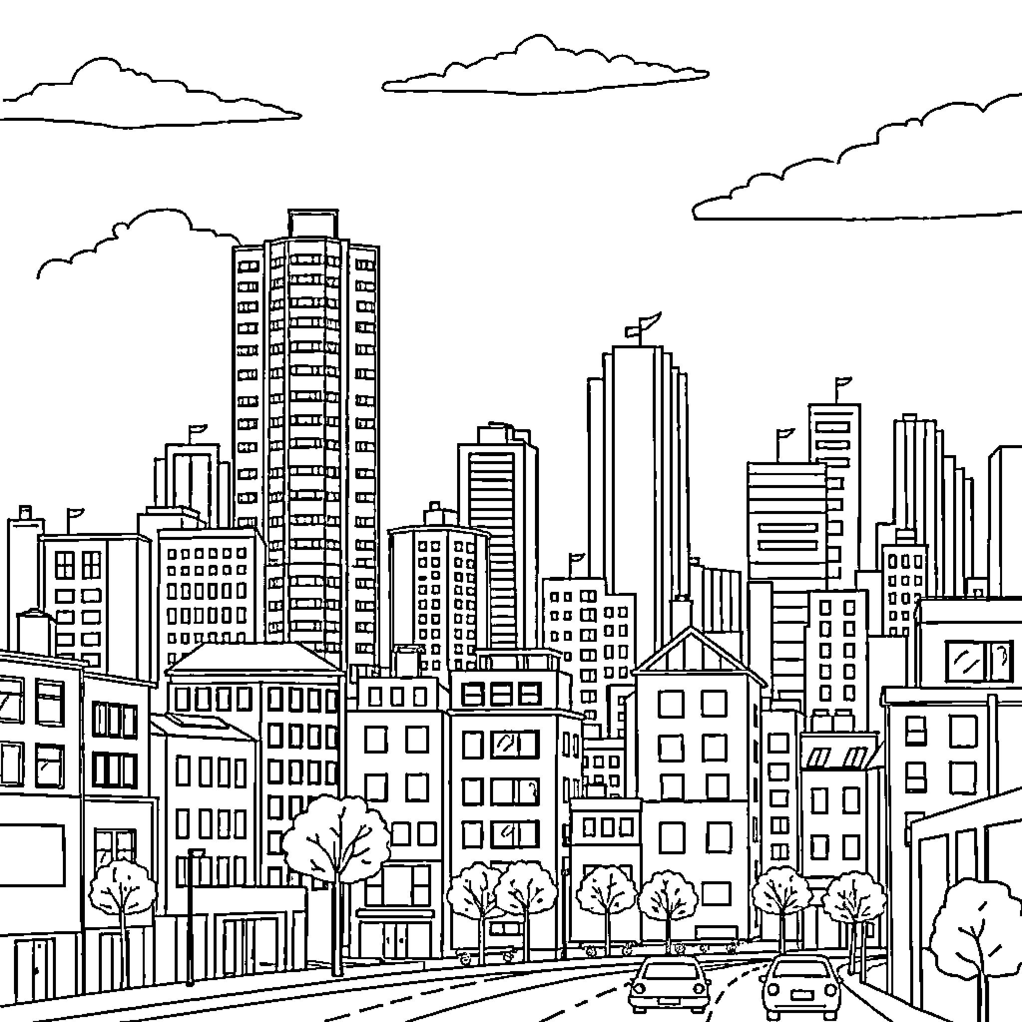 House in a Vibrant City Skyline Coloring Page (free black-and-white line drawing printable PDF for all, from beginners to advanced learners, including children, teens, adults, and seniors)