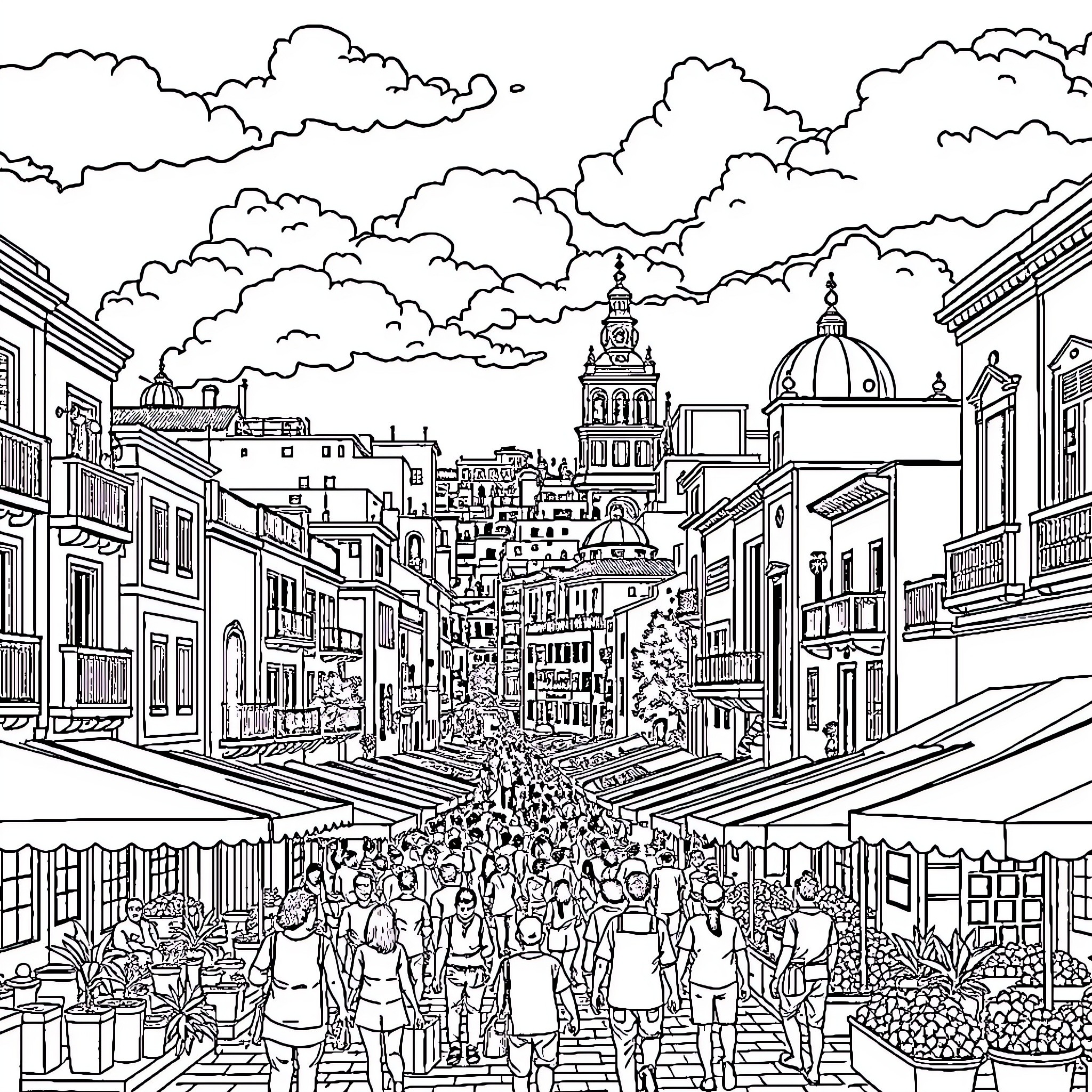 Guadalajara's Bustling Cityscape with Lively Crowds Coloring Page (free black-and-white line drawing printable PDF for all, from beginners to advanced learners, including children, teens, adults, and seniors)