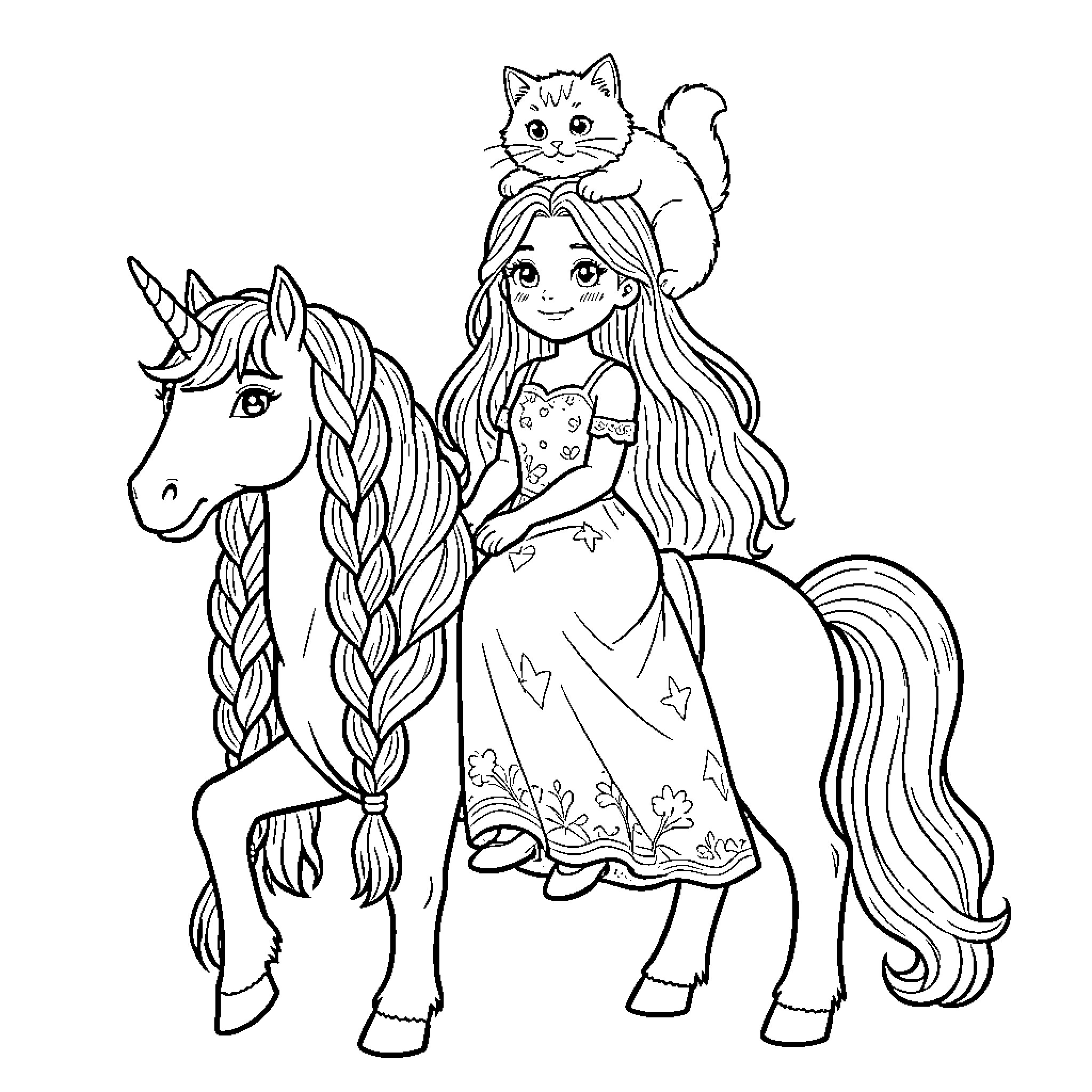 Princess riding a unicorn with a cat companion Coloring Page (free black-and-white line drawing printable PDF for all, from beginners to advanced learners, including children, teens, adults, and seniors)
