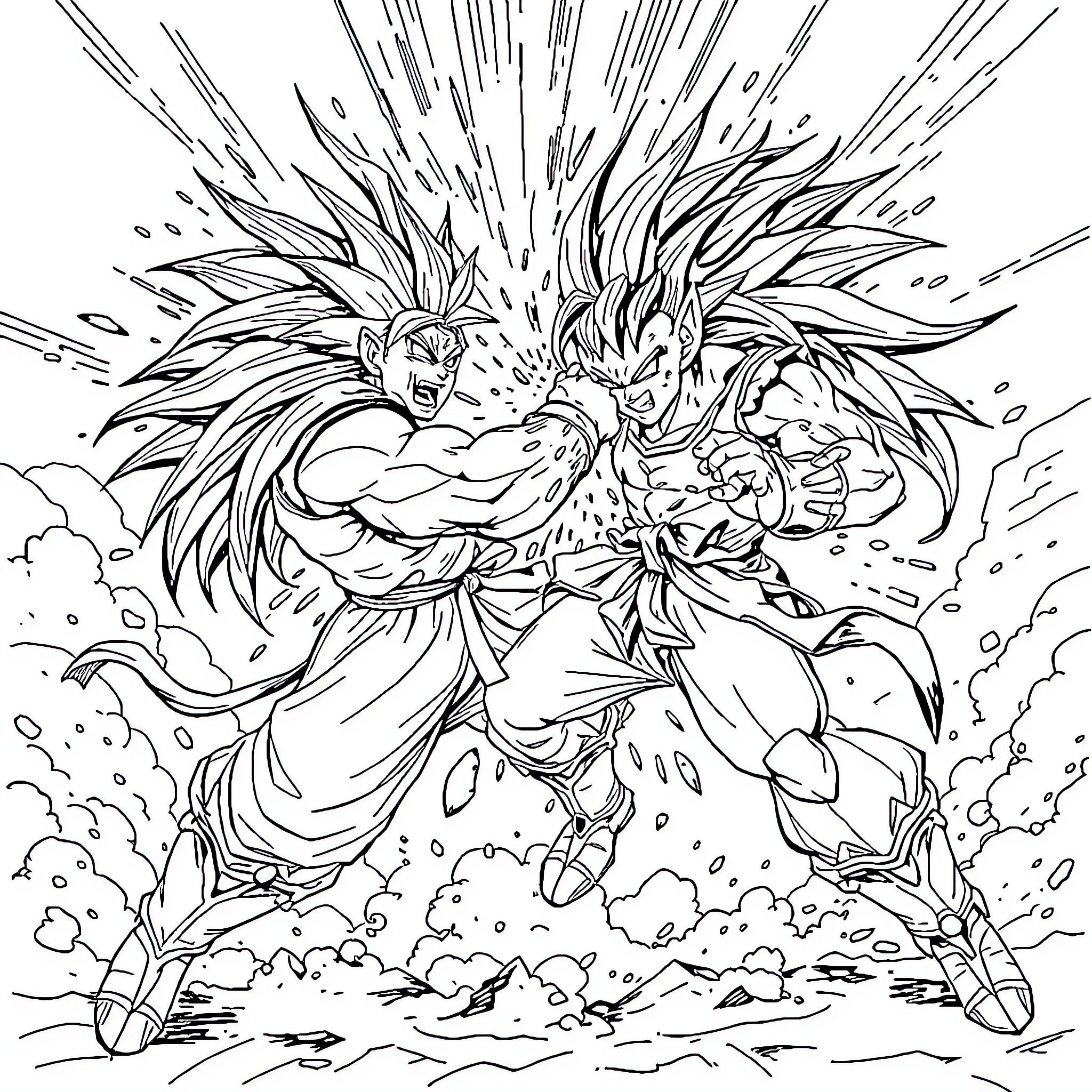 Broly: Powerful Clash of Intense Saiyans Coloring Page (free black-and-white line drawing printable PDF for all, from beginners to advanced learners, including children, teens, adults, and seniors)
