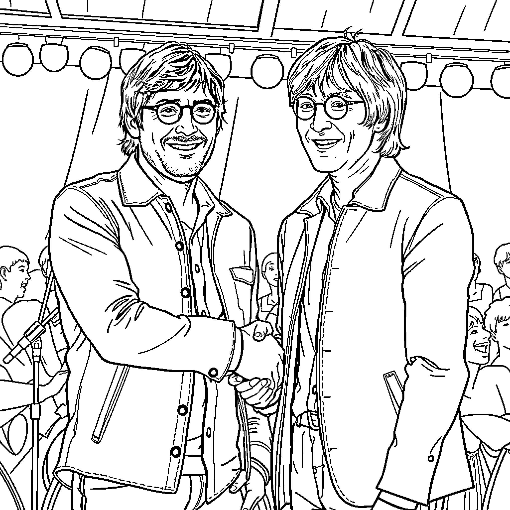 Liam Gallagher meeting with his brother in a formal setting Coloring Page (free black-and-white line drawing printable PDF for all, from beginners to advanced learners, including children, teens, adults, and seniors)