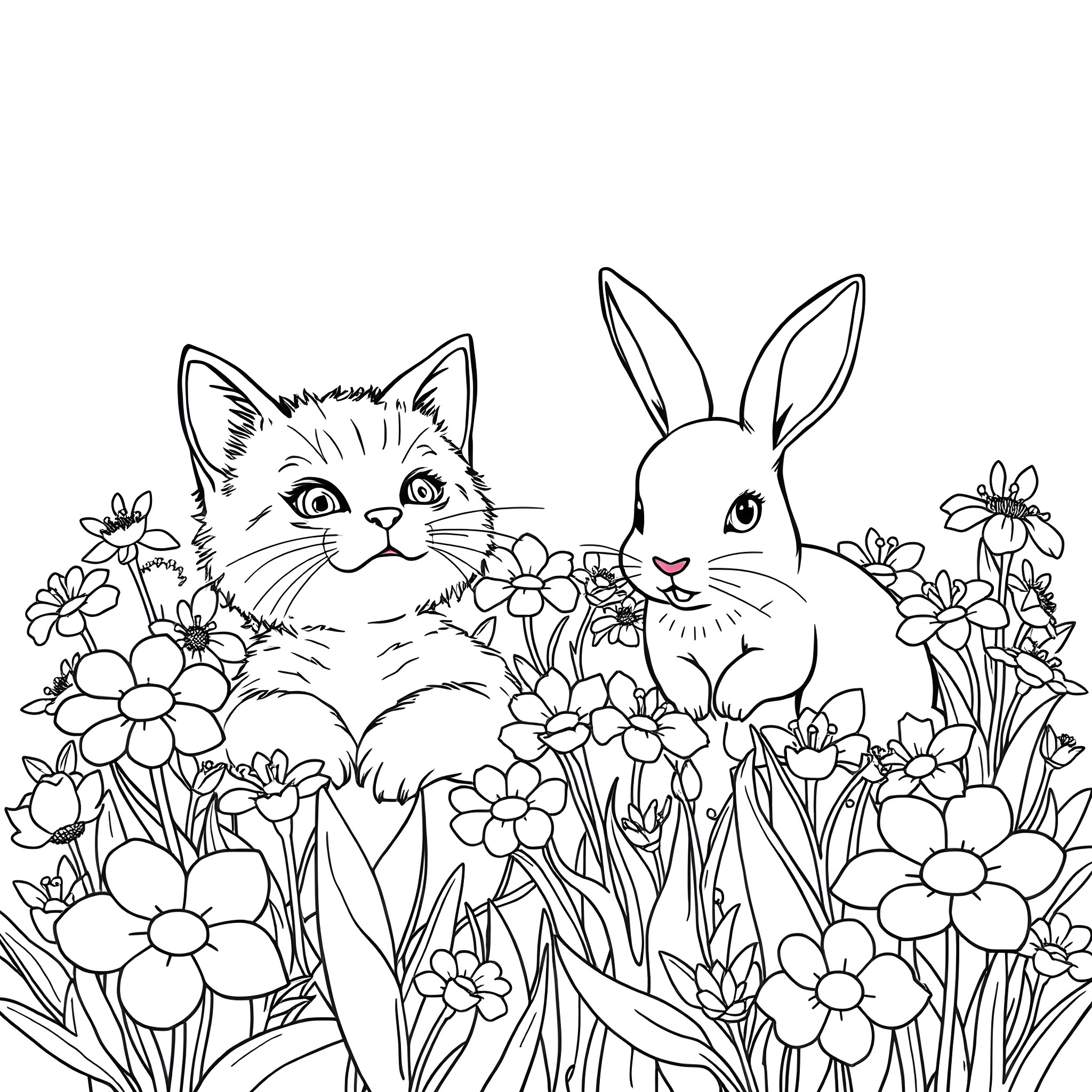 Cat and Rabbit in Floral Garden Coloring Page (free black-and-white line drawing printable PDF for all, from beginners to advanced learners, including children, teens, adults, and seniors)