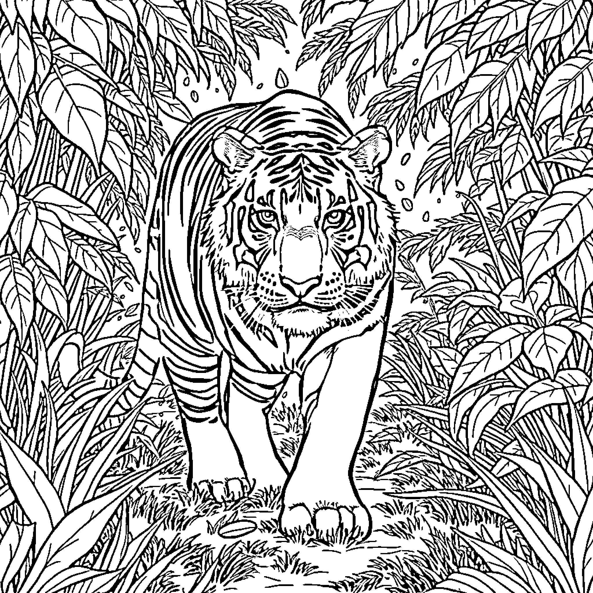 Tiger Stalking Intently through the Jungle Foliage Coloring Page (free black-and-white line drawing printable PDF for all, from beginners to advanced learners, including children, teens, adults, and seniors)