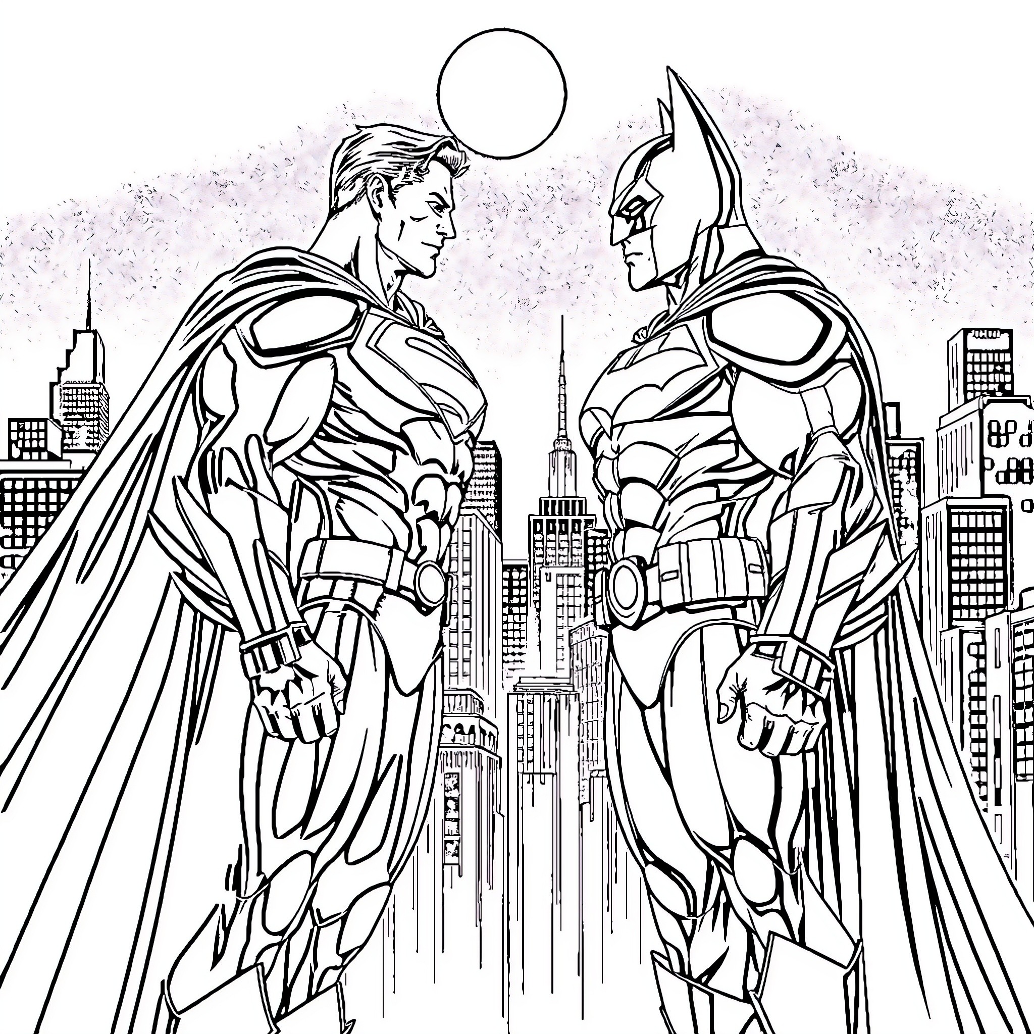 Superman and Batman in heroic poses over city skyline Coloring Page (free black-and-white line drawing printable PDF for all, from beginners to advanced learners, including children, teens, adults, and seniors)