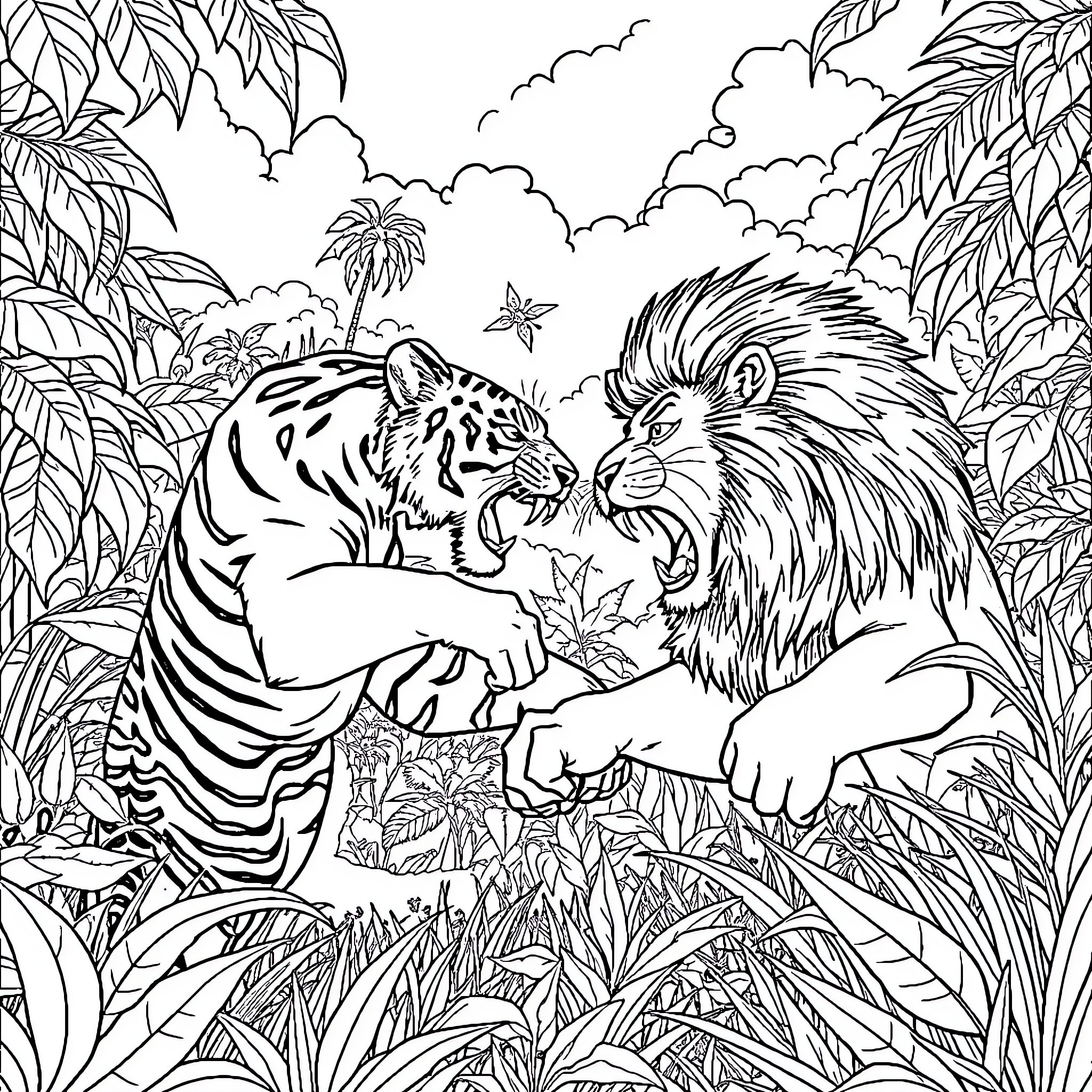 Tiger vs Lion Fight in Jungle Landscape Coloring Page (free black-and-white line drawing printable PDF for all, from beginners to advanced learners, including children, teens, adults, and seniors)