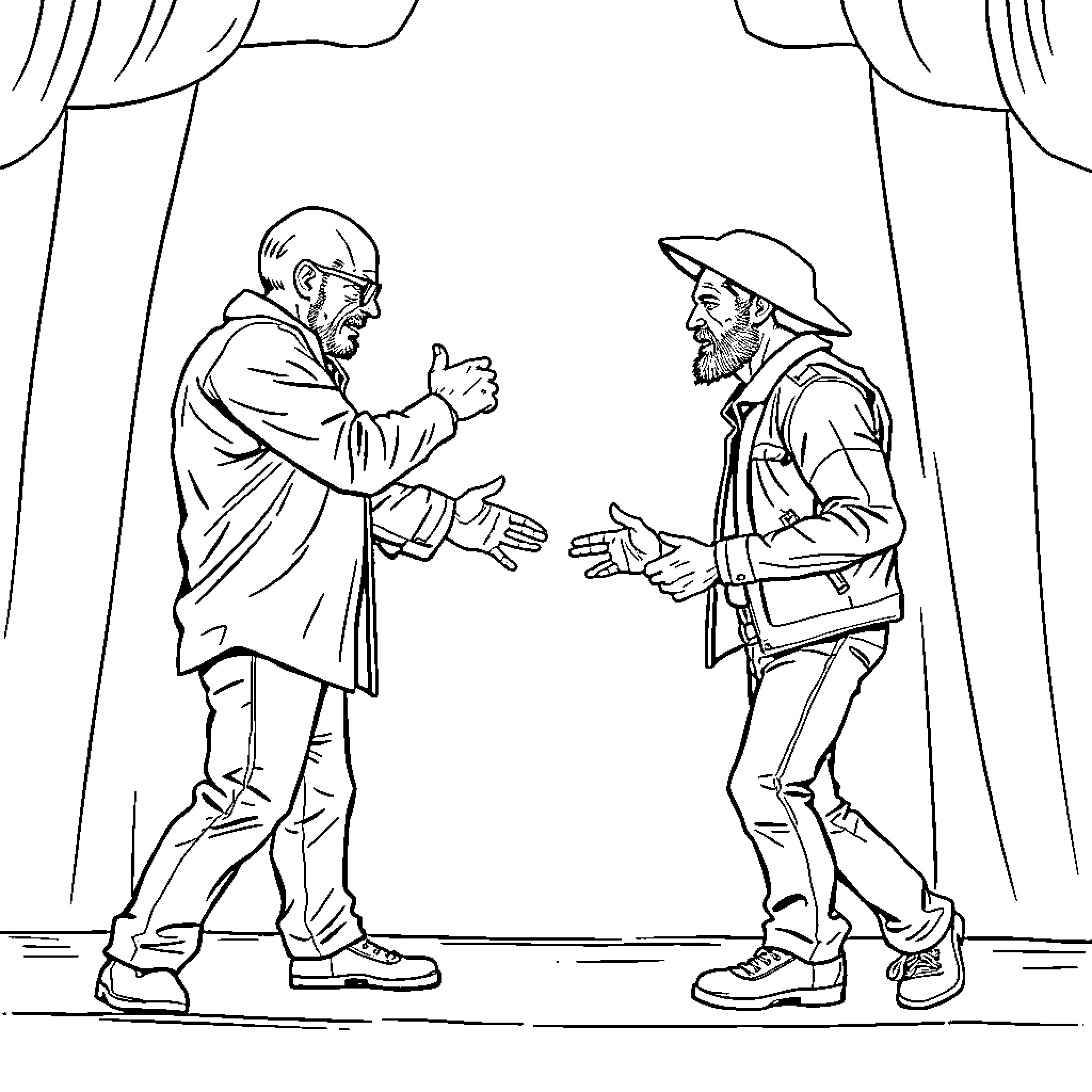 Walter White conversing with another man on stage Coloring Page (free black-and-white line drawing printable PDF for all, from beginners to advanced learners, including children, teens, adults, and seniors)