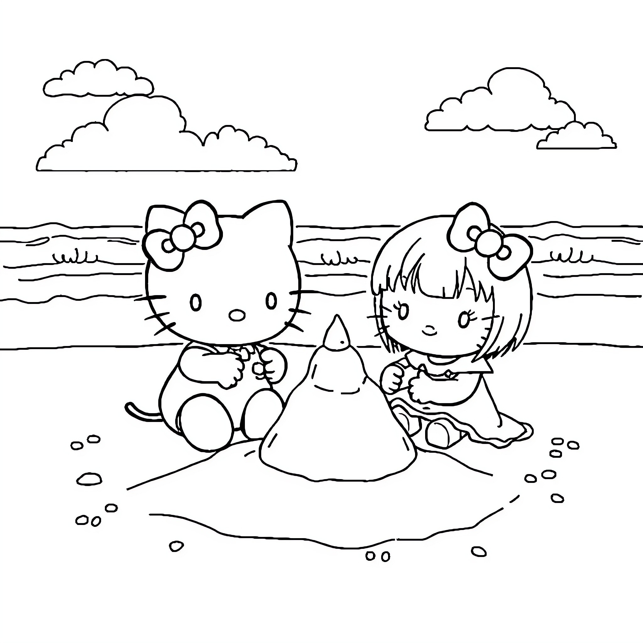 Hello Kitty and Friend Enjoying a Day at the Beach Coloring Page (free black-and-white line drawing printable PDF for all, from beginners to advanced learners, including children, teens, adults, and seniors)