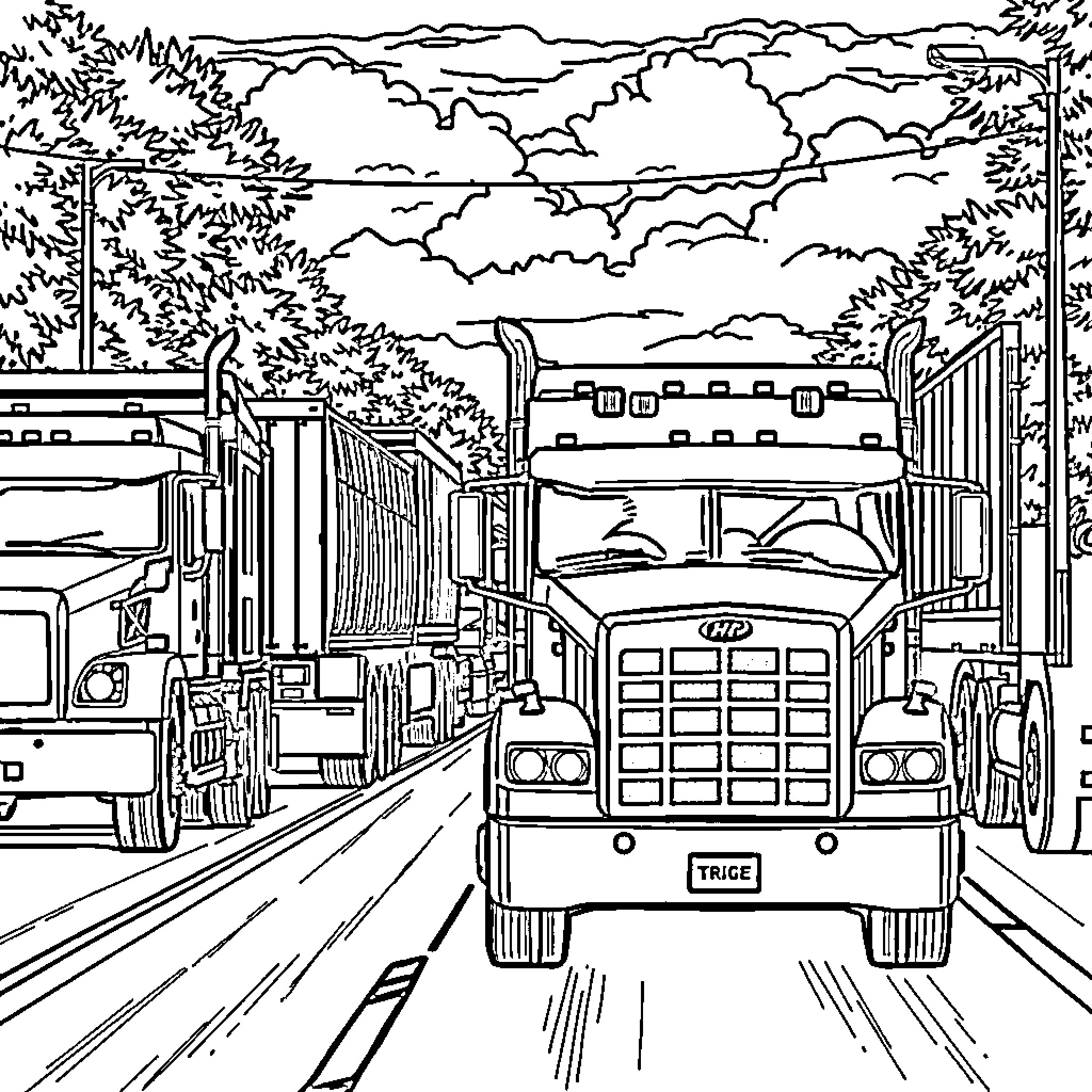 Truck convoy travelling through scenic highway Coloring Page (free black-and-white line drawing printable PDF for all, from beginners to advanced learners, including children, teens, adults, and seniors)