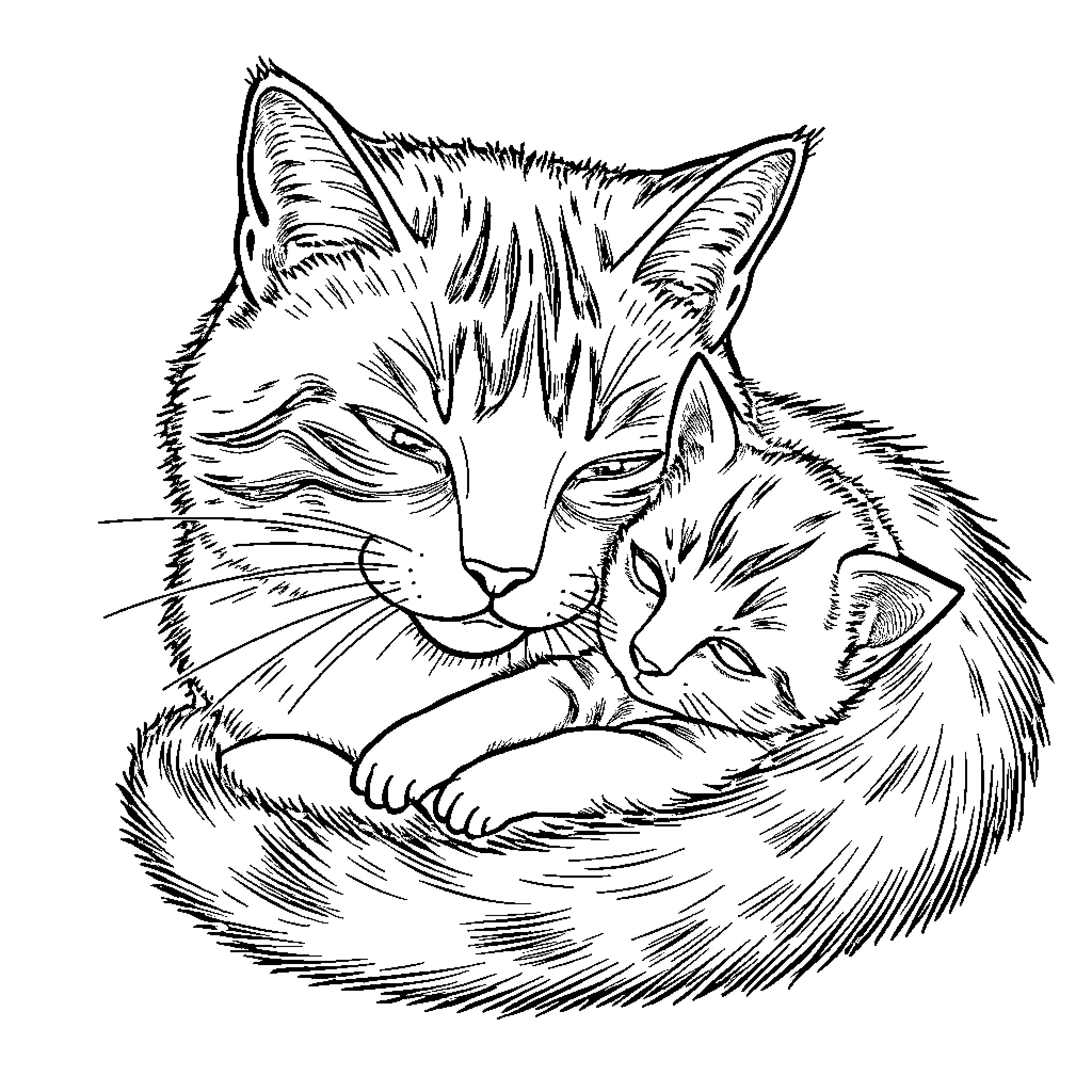 Cat Cuddles in Cozy Nest Coloring Page (free black-and-white line drawing printable PDF for all, from beginners to advanced learners, including children, teens, adults, and seniors)