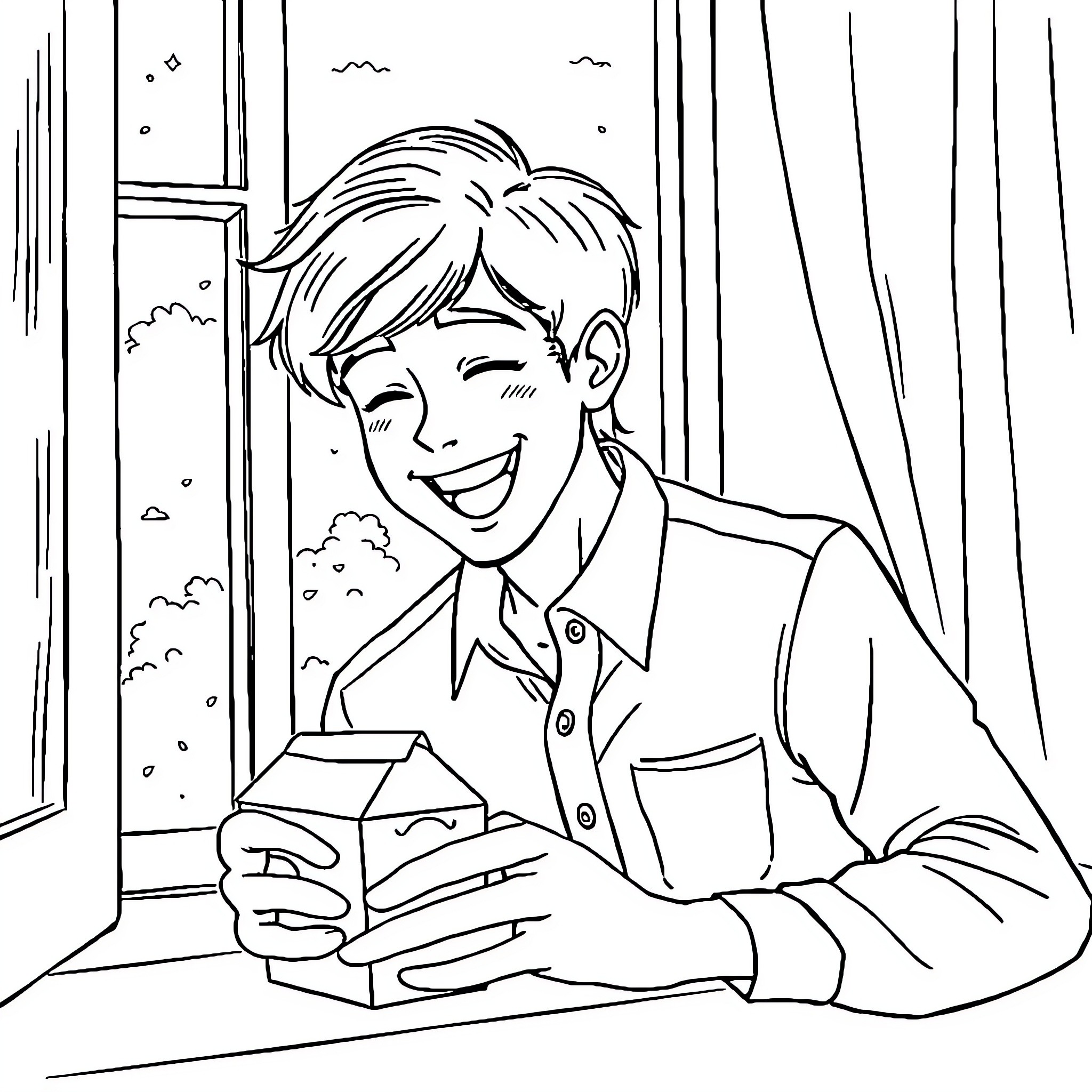 Young Man Receives a Thoughtful Gift Coloring Page (free black-and-white line drawing printable PDF for all, from beginners to advanced learners, including children, teens, adults, and seniors)