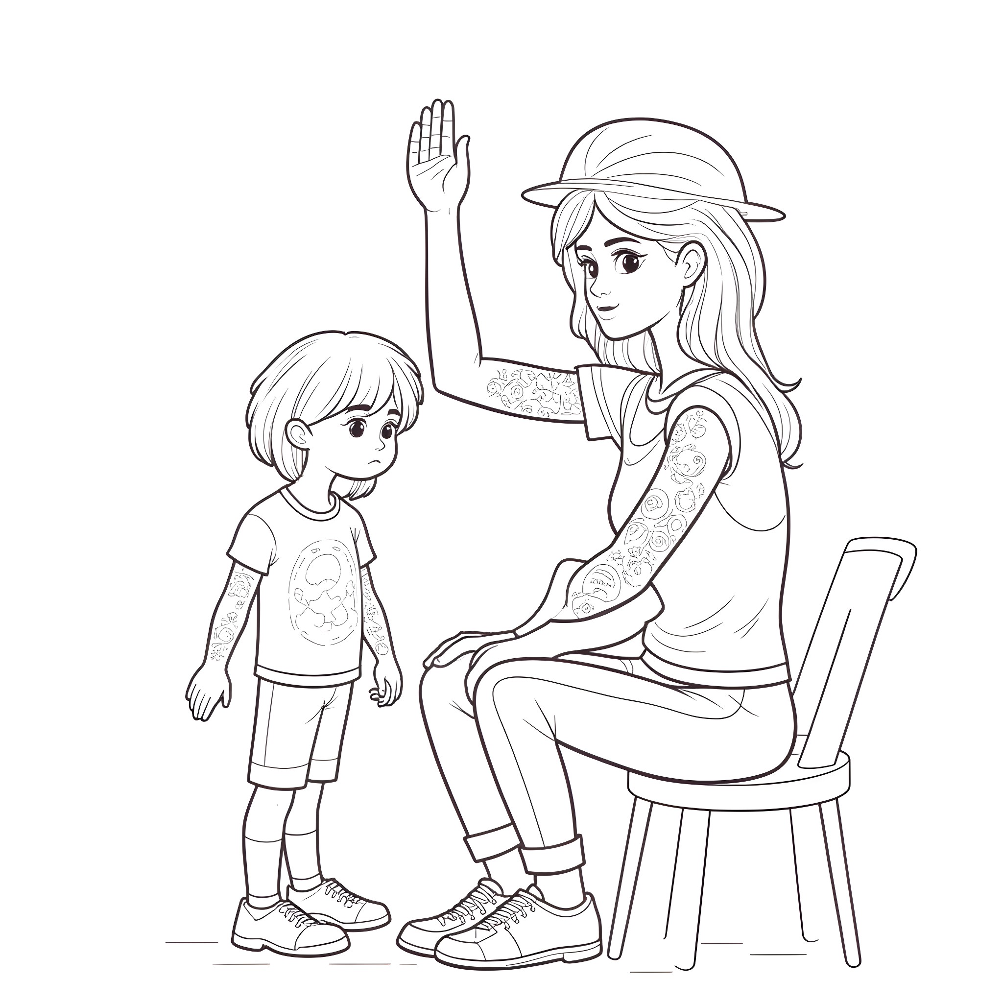 Child playing with woman outdoors Coloring Page (free black-and-white line drawing printable PDF for all, from beginners to advanced learners, including children, teens, adults, and seniors)
