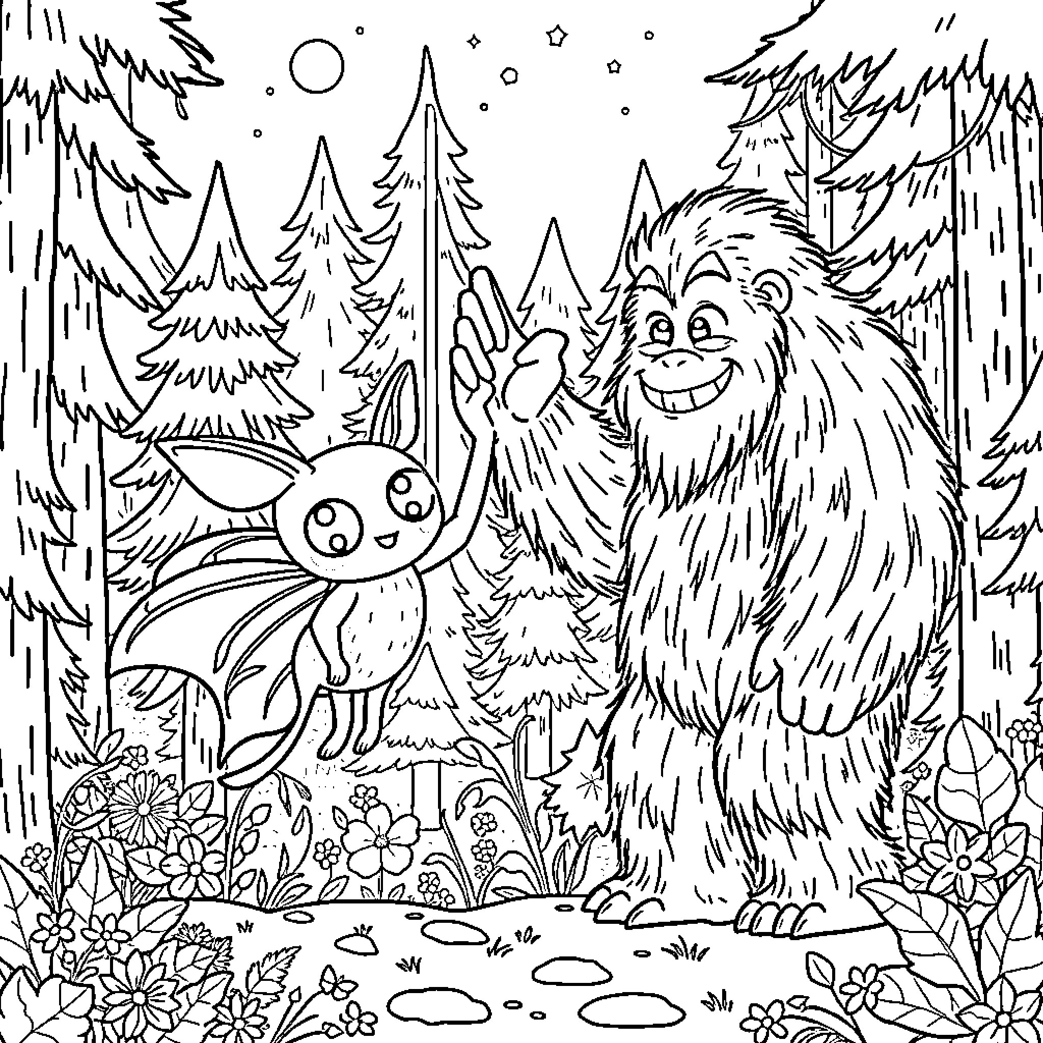 Mothman and Cryptid Companion Explore Enchanted Forest Coloring Page (free black-and-white line drawing printable PDF for all, from beginners to advanced learners, including children, teens, adults, and seniors)