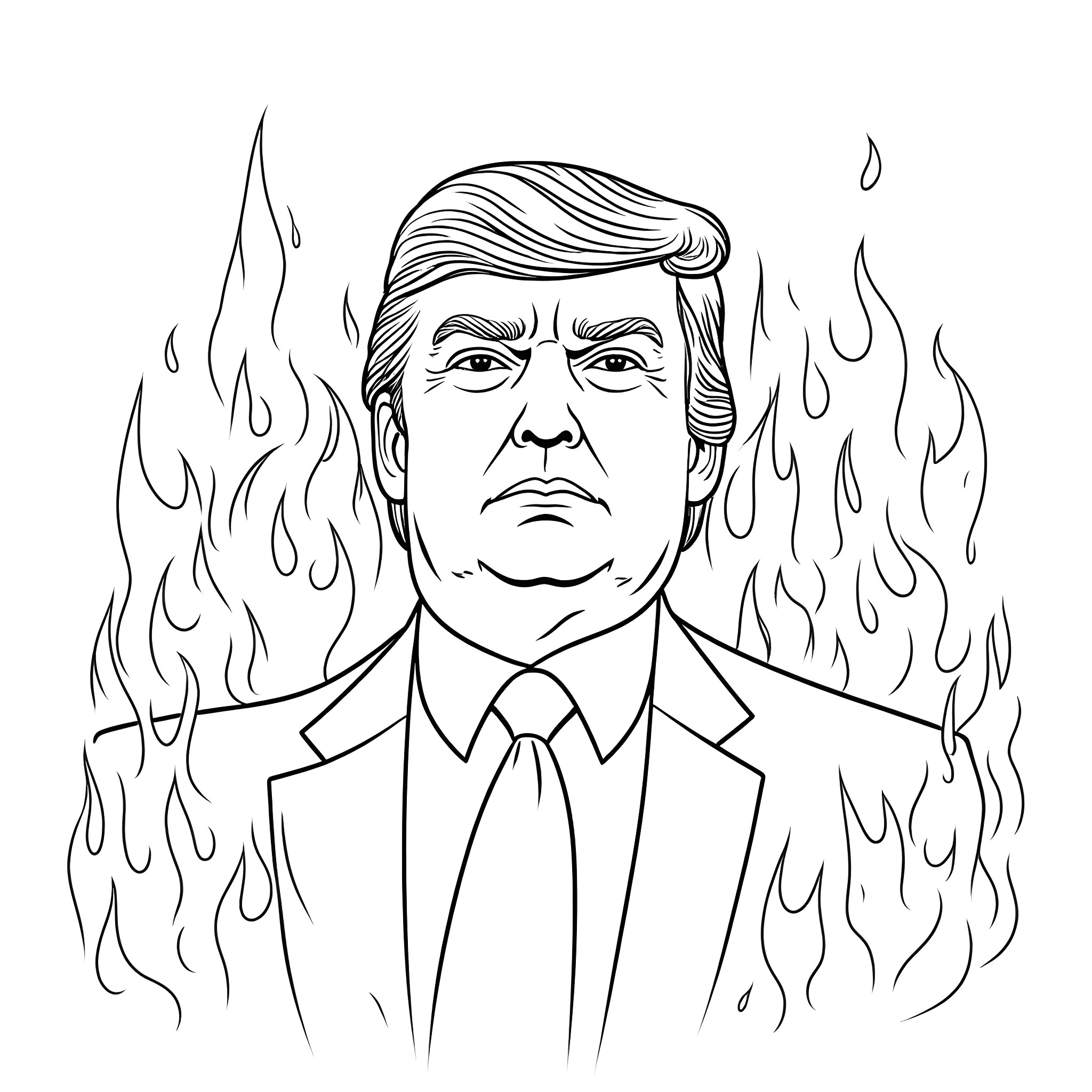 Trump's Fiery Expressions and Attire Coloring Page (free black-and-white line drawing printable PDF for all, from beginners to advanced learners, including children, teens, adults, and seniors)