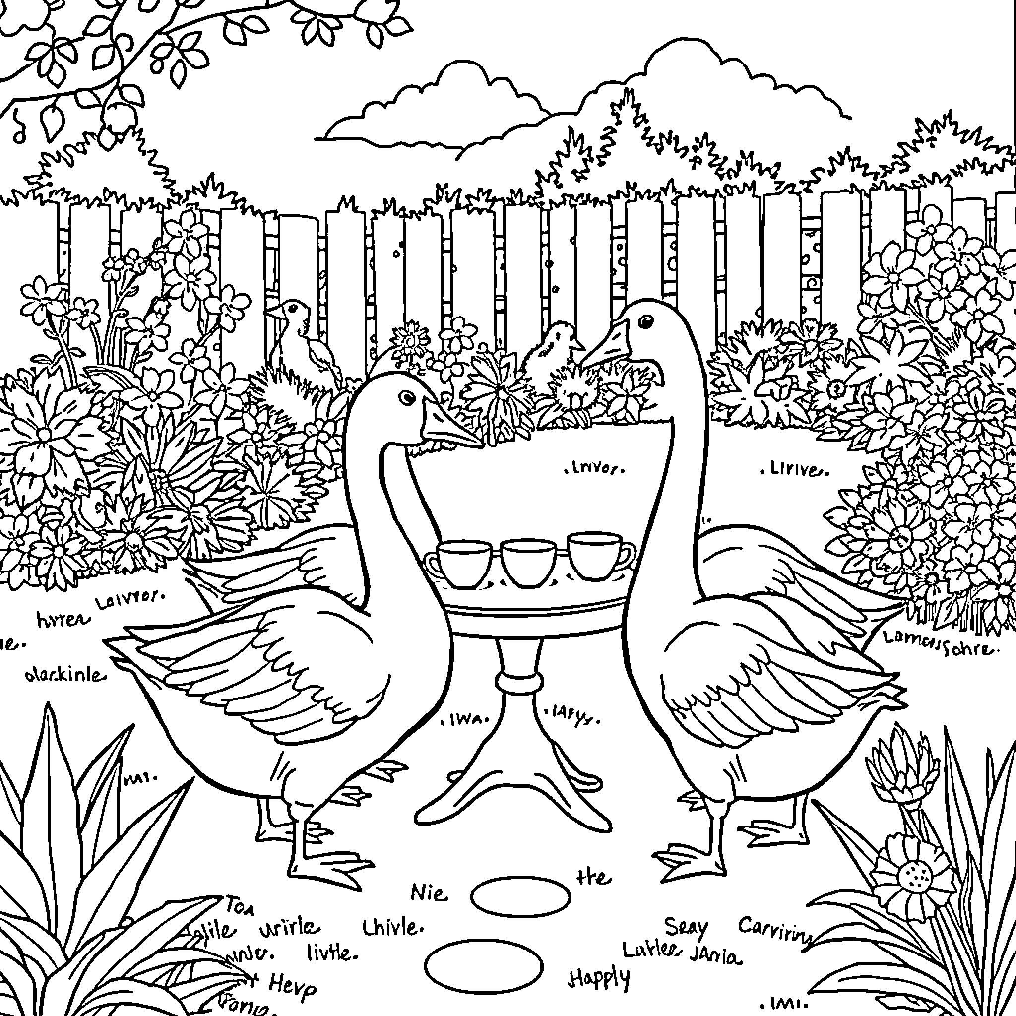 Goose pair enjoying a garden oasis Coloring Page (free black-and-white line drawing printable PDF for all, from beginners to advanced learners, including children, teens, adults, and seniors)
