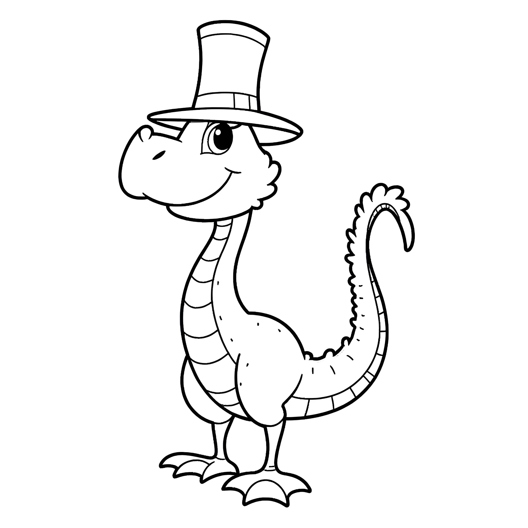 Raquaza the Friendly Dinosaur in a Top Hat Coloring Page (free black-and-white line drawing printable PDF for all, from beginners to advanced learners, including children, teens, adults, and seniors)