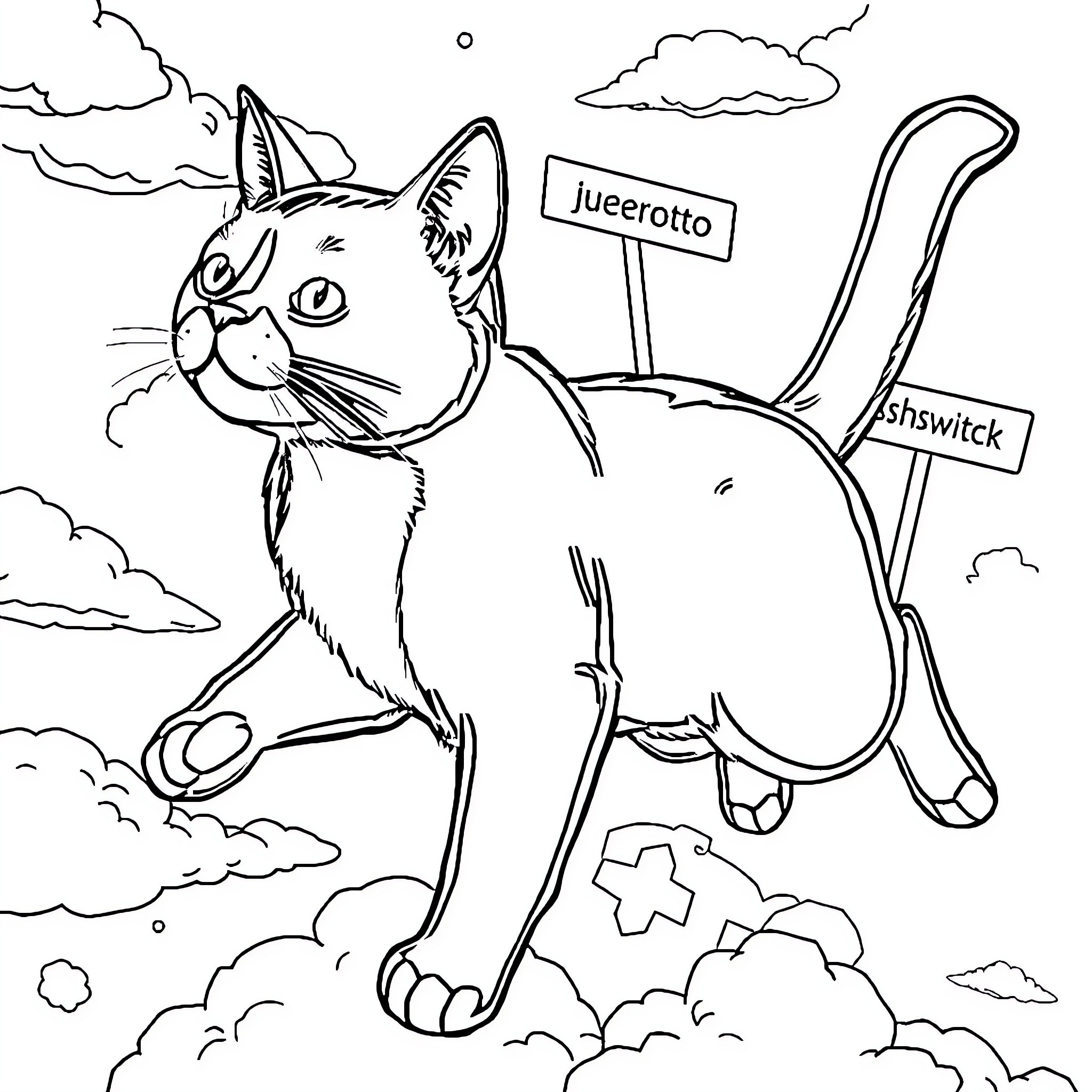 Tuxedo Cat Exploring Unfamiliar Places Coloring Page (free black-and-white line drawing printable PDF for all, from beginners to advanced learners, including children, teens, adults, and seniors)