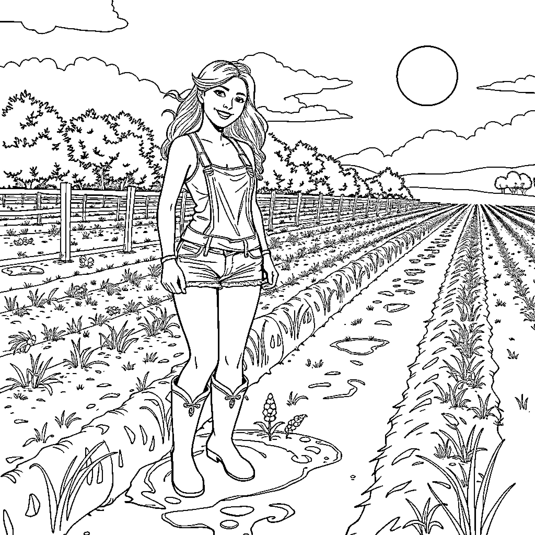 Woman walking through the rural landscape Coloring Page (free black-and-white line drawing printable PDF for all, from beginners to advanced learners, including children, teens, adults, and seniors)