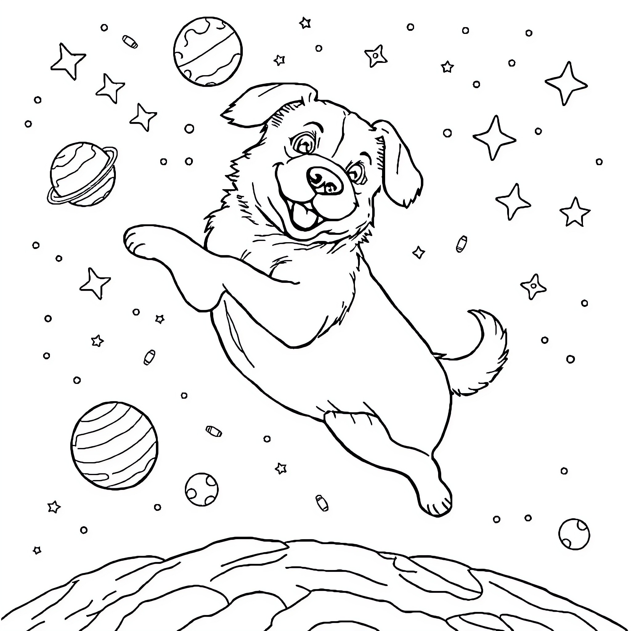 Dog playing among the stars Coloring Page (free black-and-white line drawing printable PDF for all, from beginners to advanced learners, including children, teens, adults, and seniors)