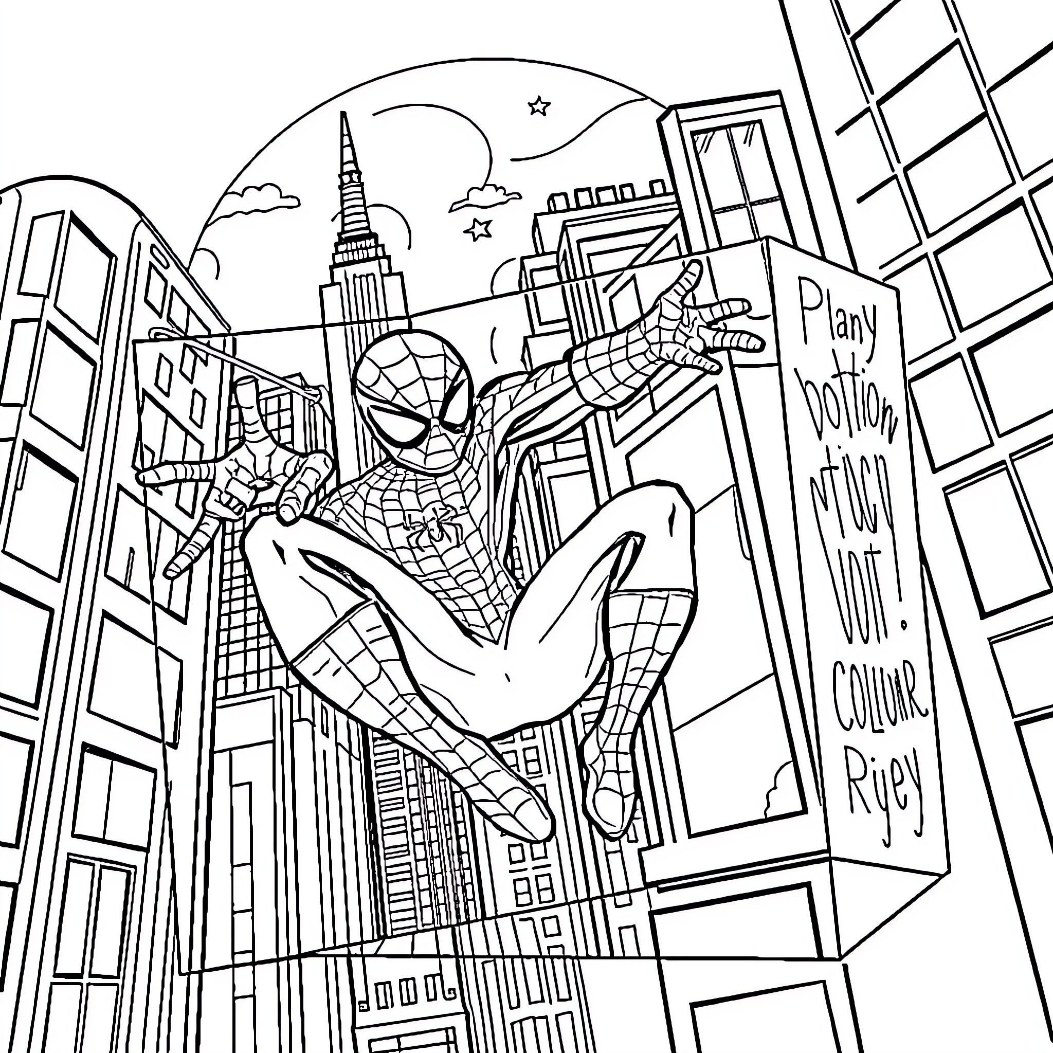 Spiderman swinging through the city skyline Coloring Page (free black-and-white line drawing printable PDF for all, from beginners to advanced learners, including children, teens, adults, and seniors)