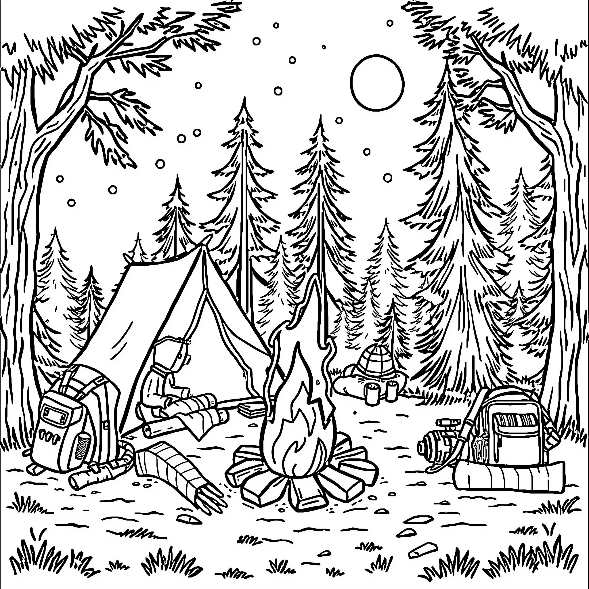 Camping in the Serene Forest Getaway Coloring Page (free black-and-white line drawing printable PDF for all, from beginners to advanced learners, including children, teens, adults, and seniors)