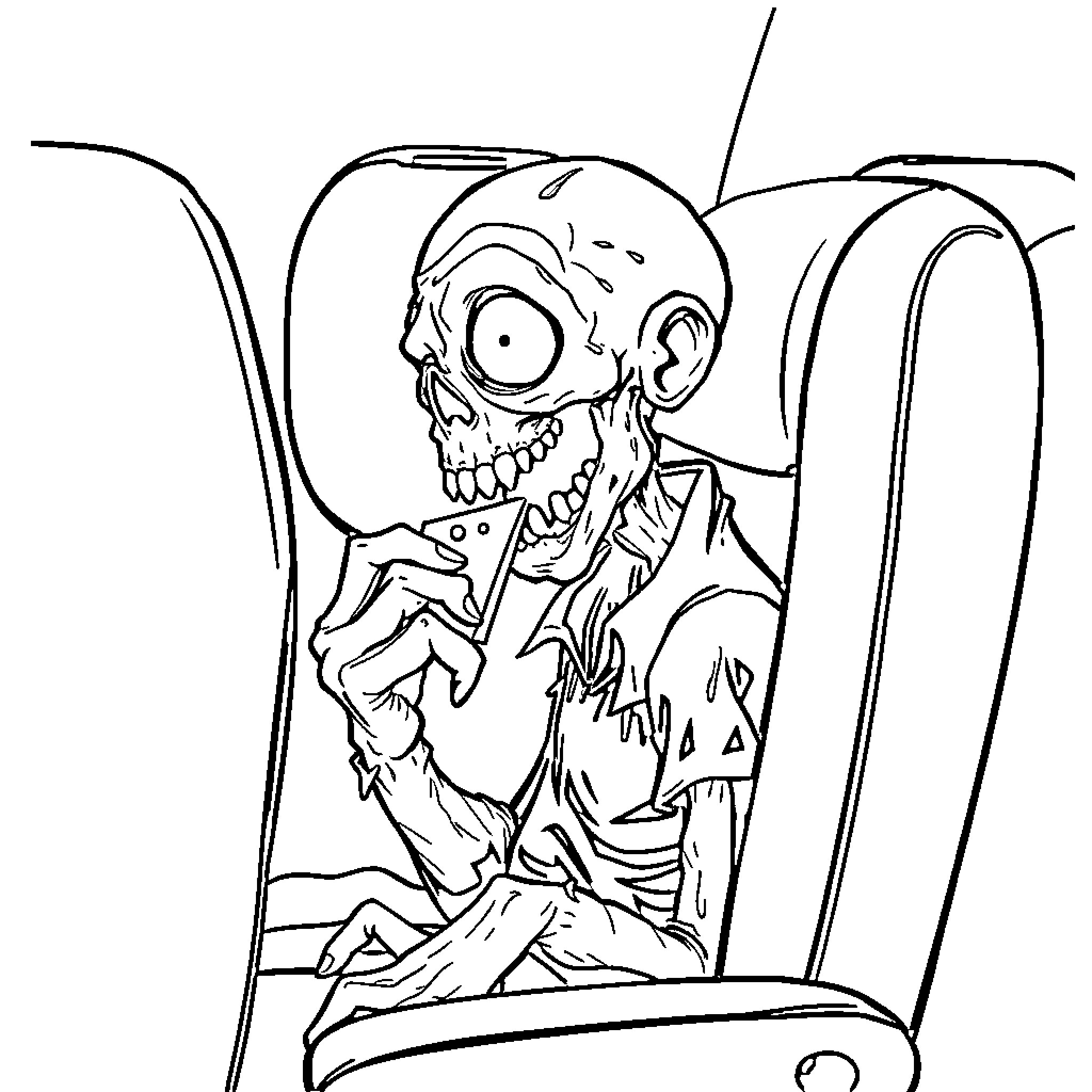 Zombie Sitting in a Dilapidated Chair Coloring Page (free black-and-white line drawing printable PDF for all, from beginners to advanced learners, including children, teens, adults, and seniors)