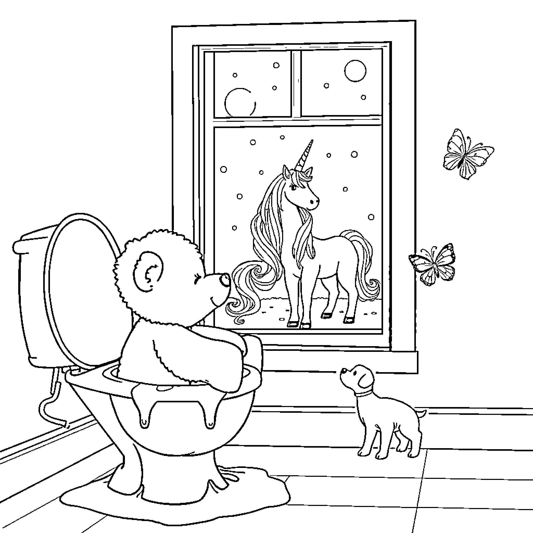 Teddy Bear Watching Unicorn through Window Coloring Page (free black-and-white line drawing printable PDF for all, from beginners to advanced learners, including children, teens, adults, and seniors)